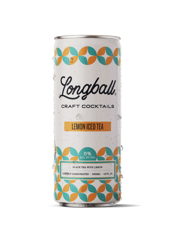 A can of Longball craft cocktails Lemon Iced Tea with water droplets on it, design featuring colorful geometric patterns, and a label indicating 5% alcohol by volume, lightly carbonated, 358ml.