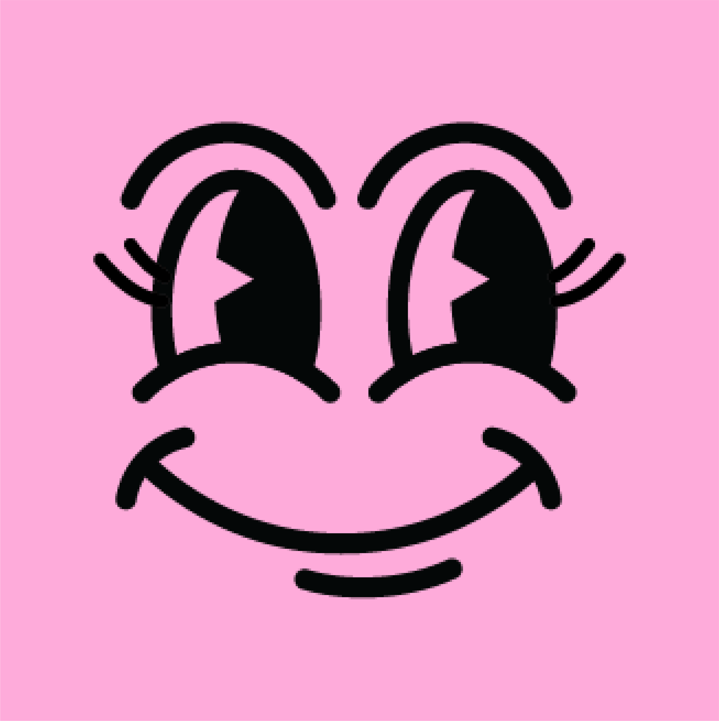 Black outline drawing of a smiling face with large eyes, eyebrows, eyelashes, and a curved smile set against a pink background.