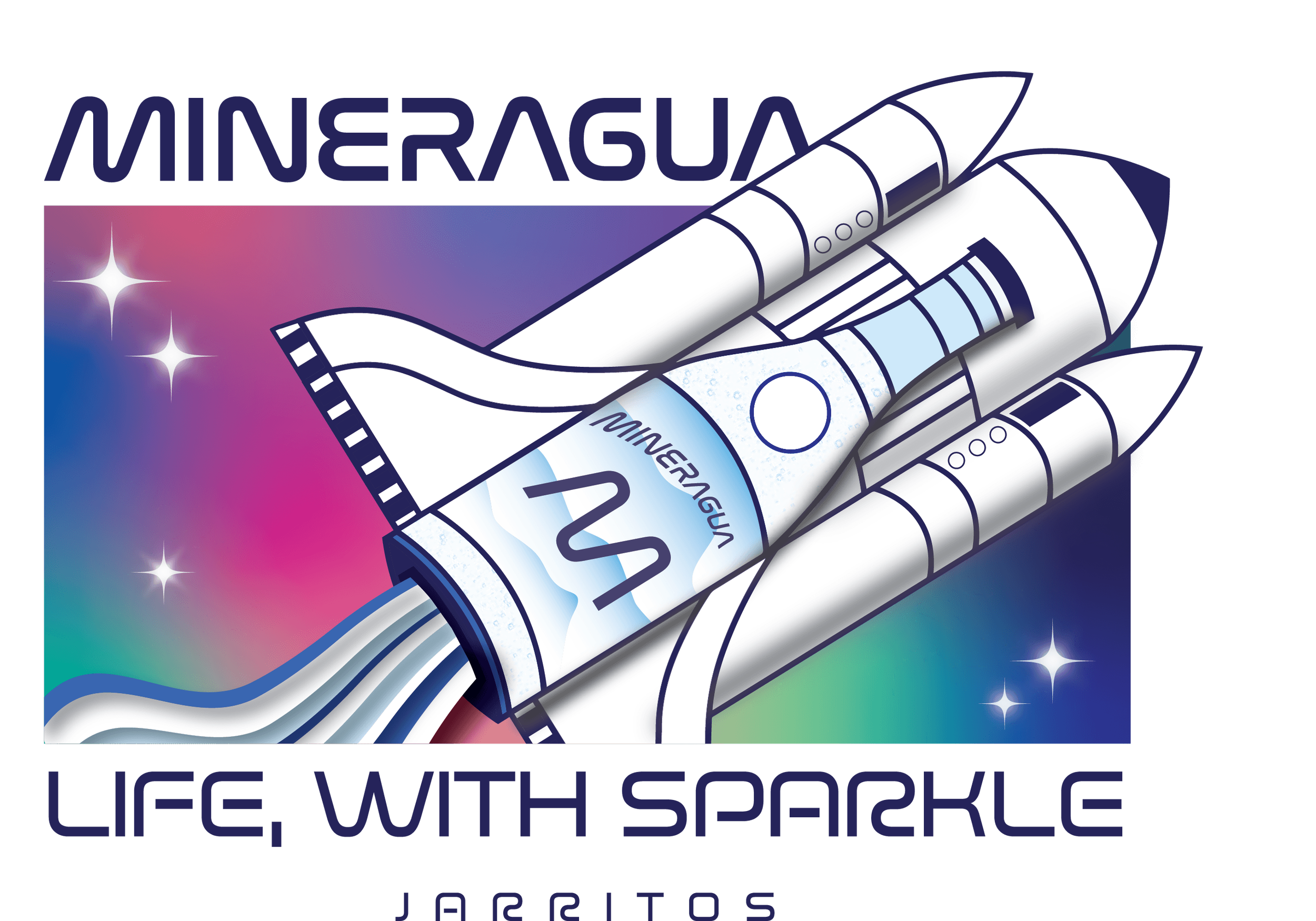 A cartoon illustration of a space shuttle with a water bottle labeled "Mineragua" as part of its body, flying through a colorful starry space background. The illustration includes the text "Space" with the "S" stylized as a green futuristic font.