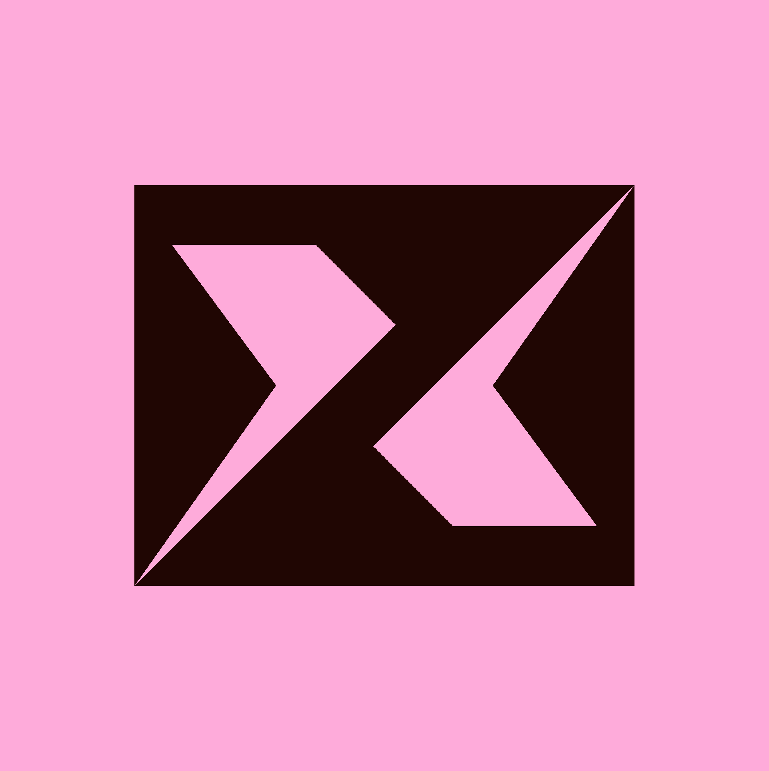 A black square with two pink arrow shapes pointing in opposite directions forming and X, set against a pink background.