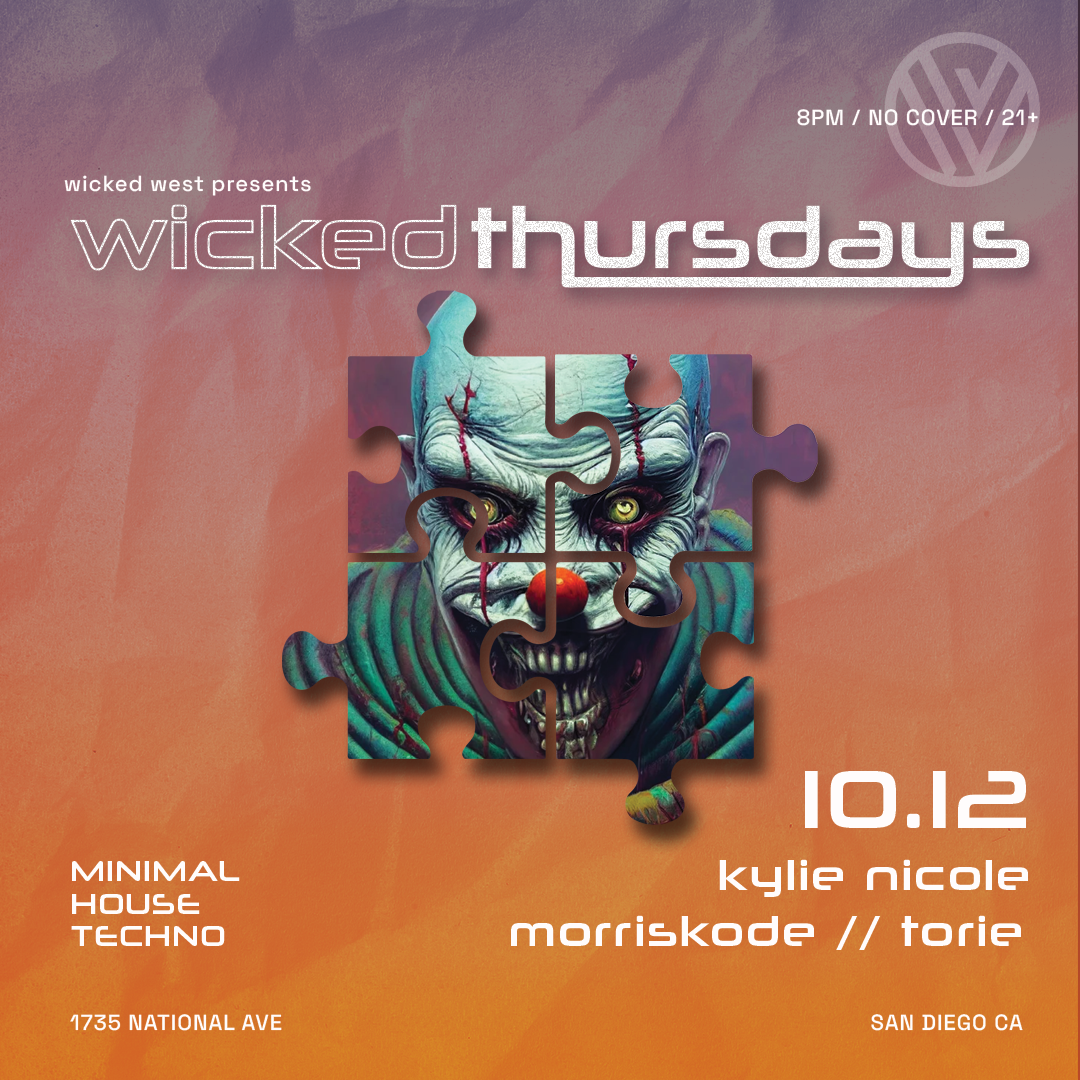 Digital flyer for Wicked Thursdays event featuring a zombie clown face puzzle piece graphic with neon green eyes, set against an orange gradient background. Text details event date, time, location, and genres including minimal, house, and techno musi