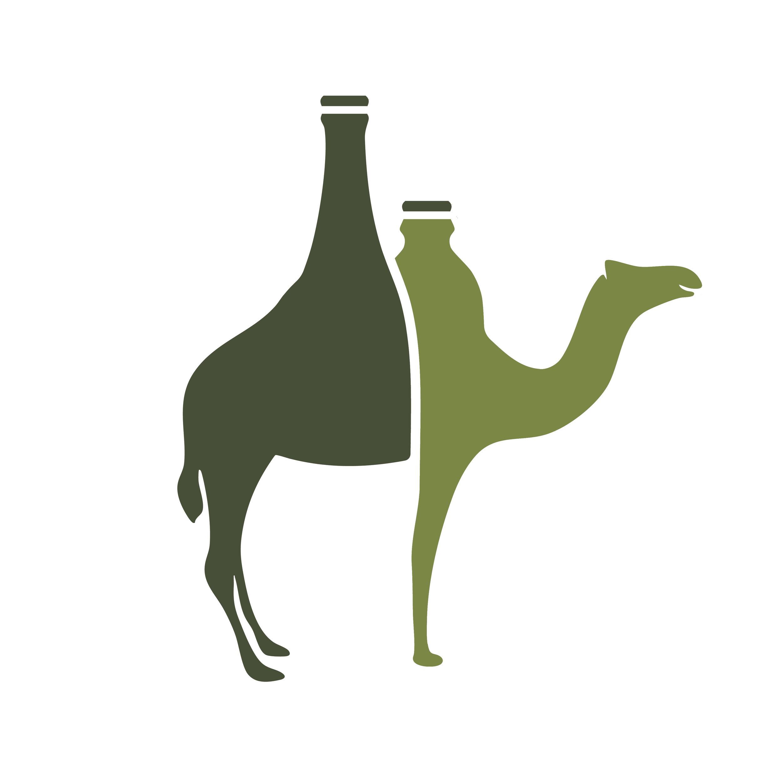 A stylized illustration combining a camel and a bottle in shades of green.