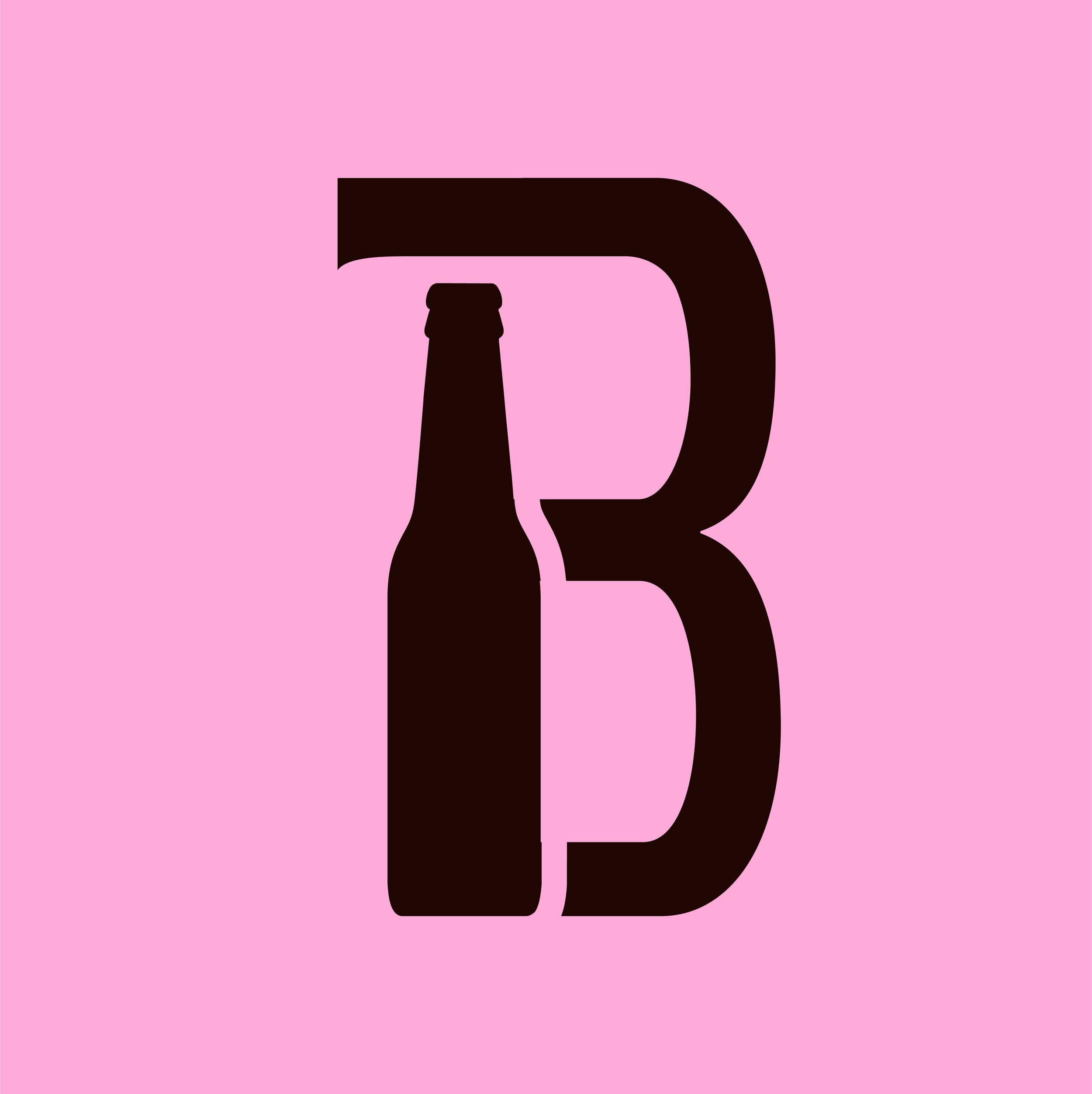 A pink background with a black letter 'B' combined with the silhouette of a beer bottle.