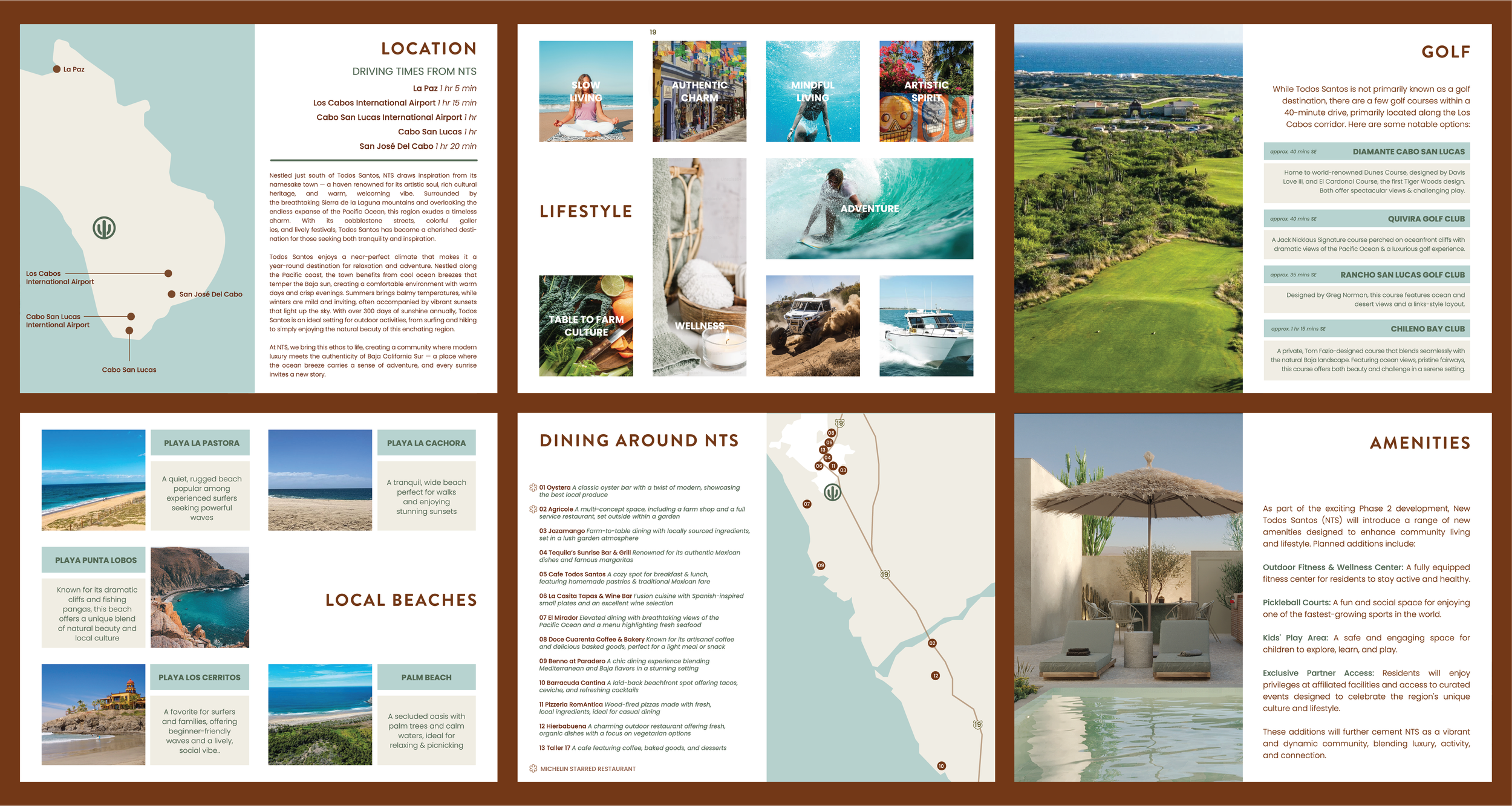 A promotional brochure for Todos Santos, Mexico, featuring maps, attractions, beaches, golf courses, activities, dining options, amenities, and local culture highlights.