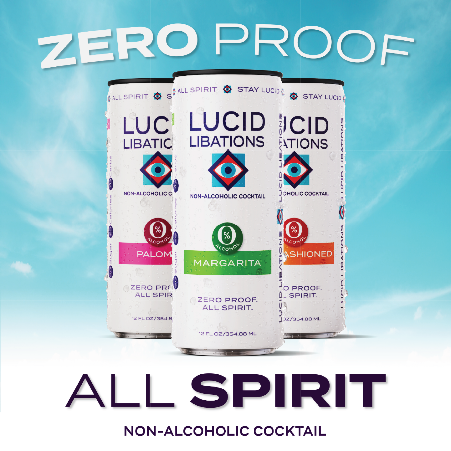 Three cans of Lucid Libations non-alcoholic cocktails with bright labels for Paloma, Margarita, and Fashioned against a sky background with clouds and the text 'ZERO PROOF' and 'ALL SPIRIT'.