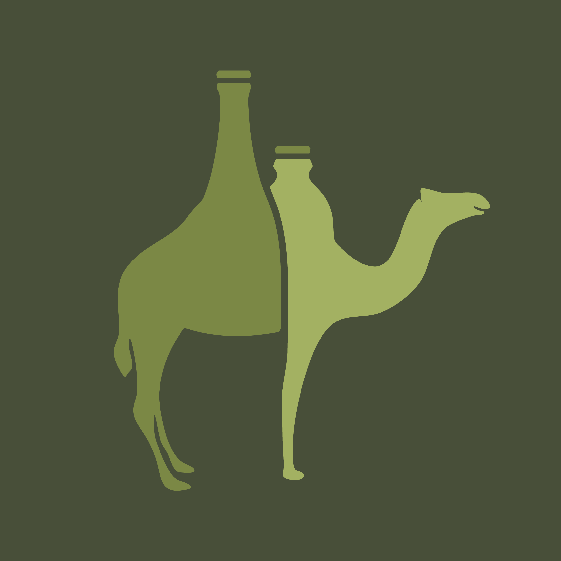 Stylized digital illustration of a camel with a 7UP bottle integrated into its body, on a dark green background.