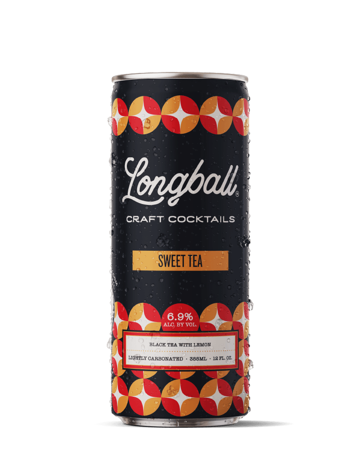 A black can of Longball craft cocktails labeled Sweet Tea with a colorful geometric pattern at the top and bottom. The can indicates 6.9% alcohol by volume, 358 ml size, and describes the drink as lightly carbonated black tea with lemon.