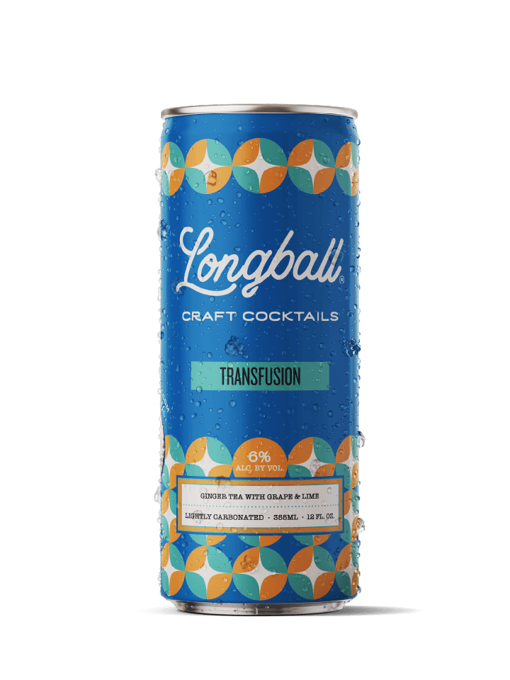 A blue carbonated canned cocktail named 'Longball Craft Cocktails' with a geometric pattern at the top and bottom, labeled 'Transfusion,' described as ginger tea with grape and lime, lightly carbonated, 385ml, 6% alcohol by volume, with water droplet