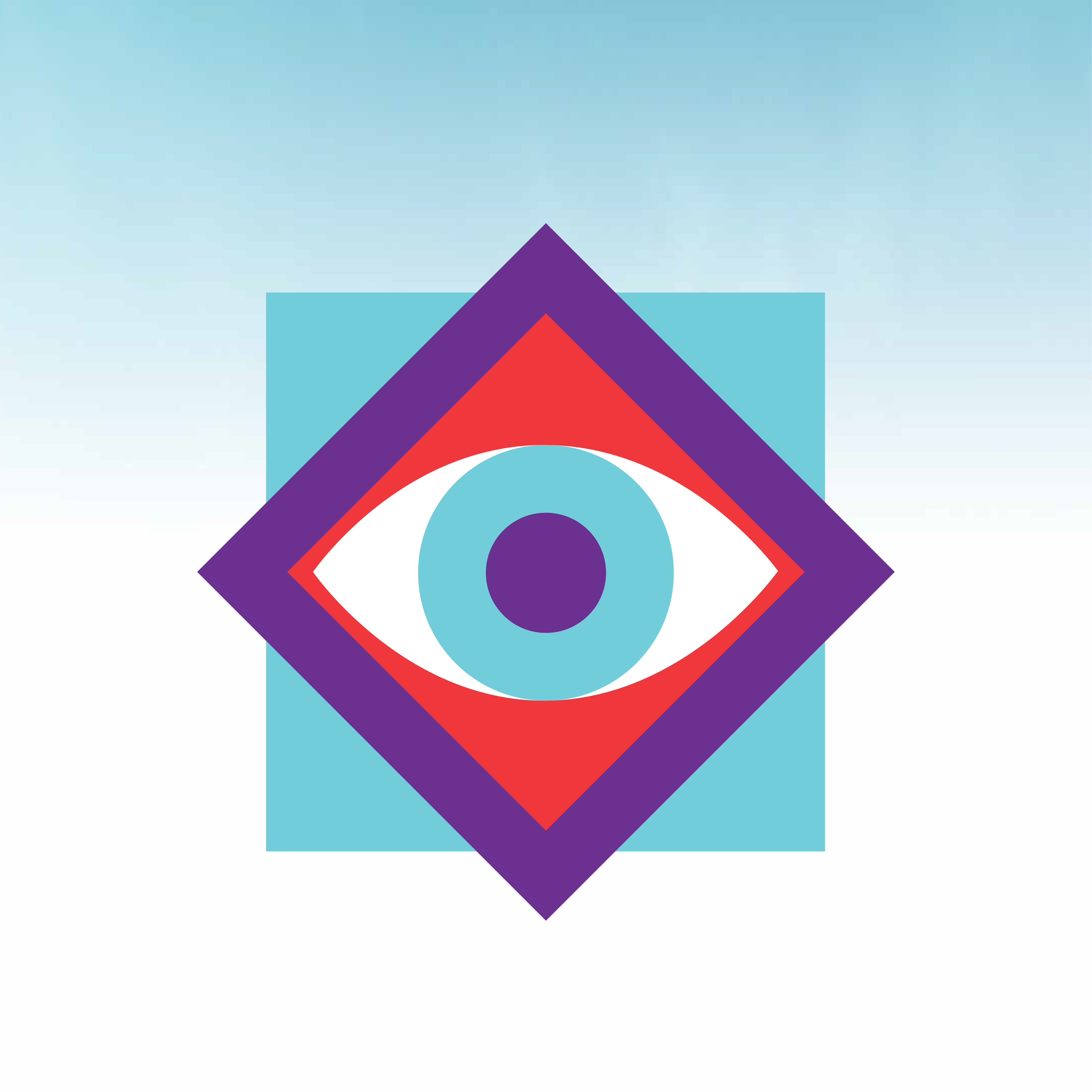 A stylized eye within geometric shapes and bold colors, including a purple diamond, a red diamond, and a light blue square background.