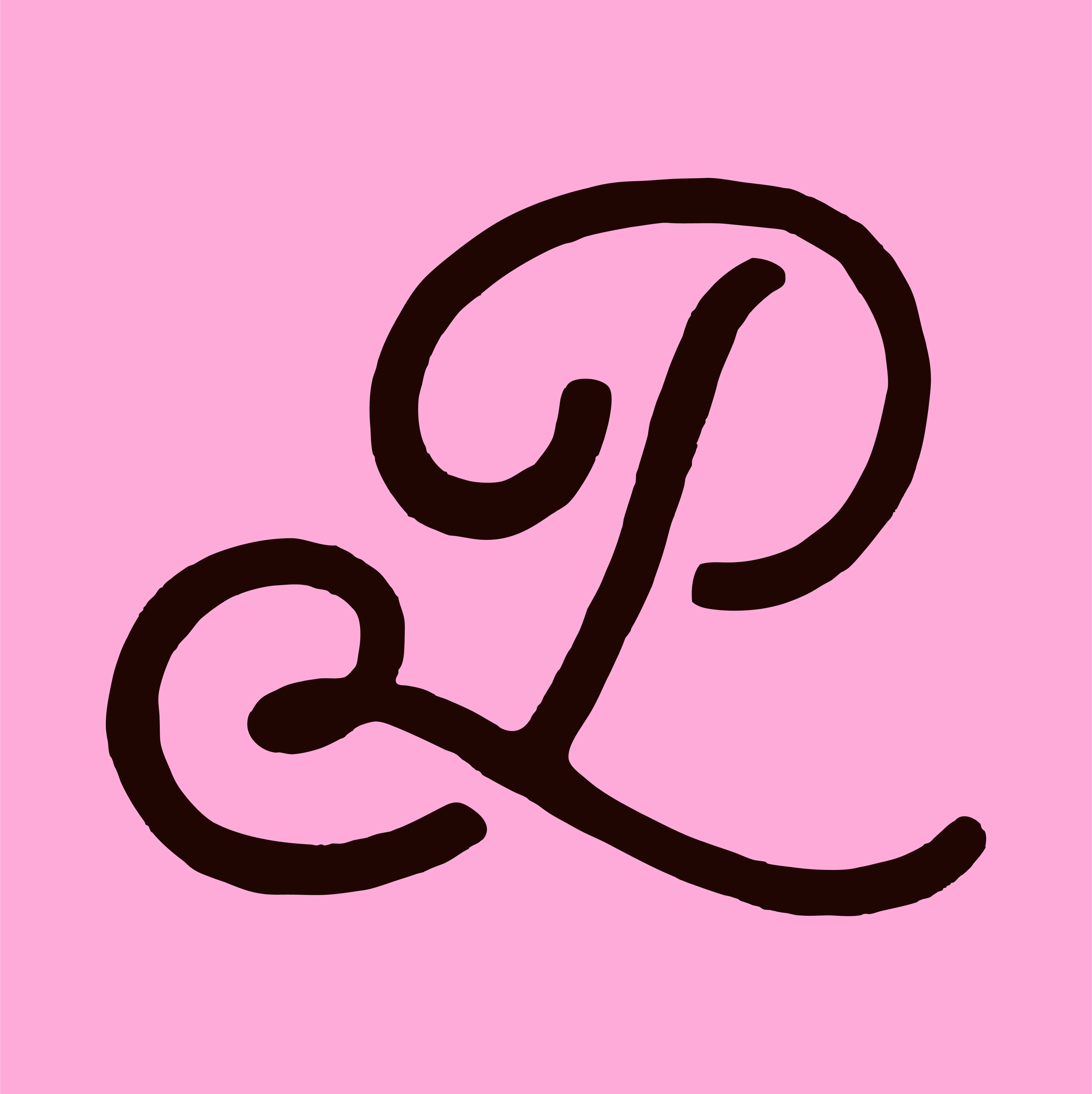 Stylized black cursive letter P and L on pink background.