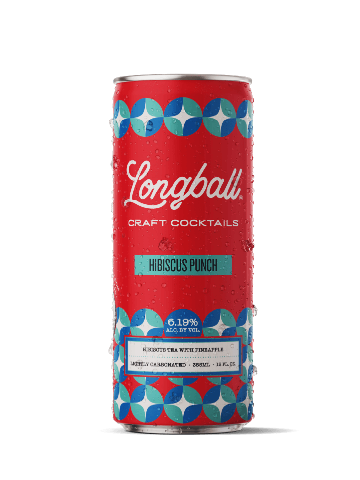 A red can of Longball craft cocktails labeled 'Hibiscus Punch'. The can features blue and green geometric patterns and contains hibiscus tea with pineapple, with 6.19% alcohol by volume, 358 ml (12 fl oz), and is lightly carbonated.