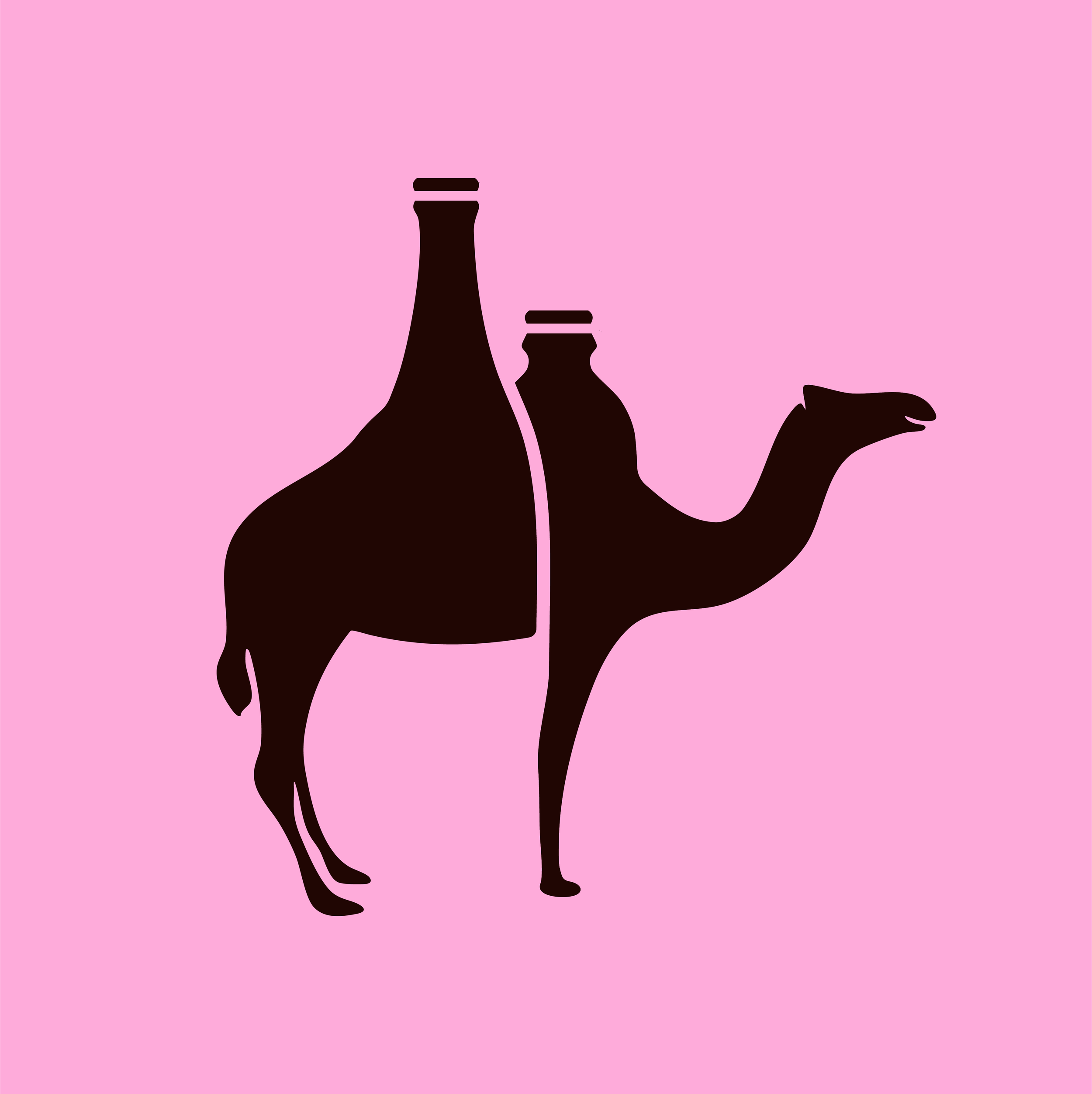 Silhouette of a camel with a bottle shape on its back, black color on pink background.