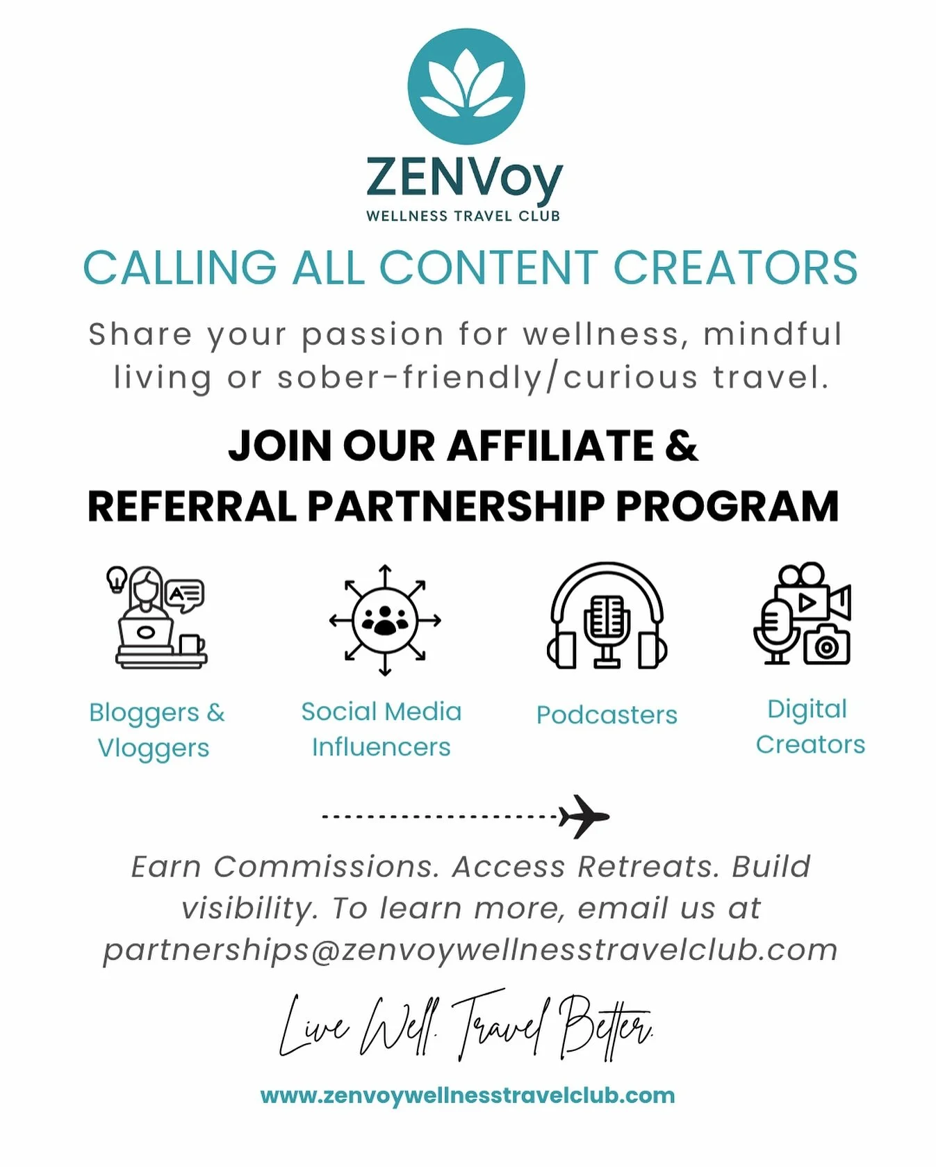 Calling All Content Creators &amp; Influencers! 🌱

Are you passionate about wellness, mindful living, or sober-friendly travel? ZENVoy Wellness Travel Club is looking for authentic voices to join our growing community of creators who inspire others 