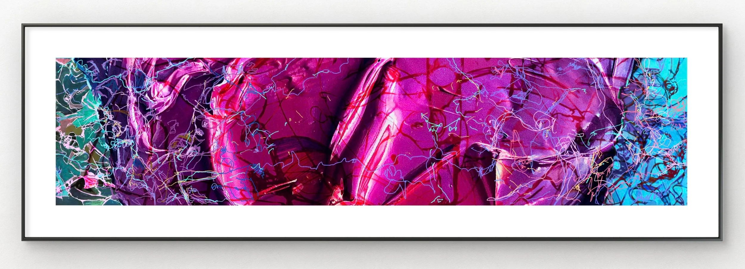 Abstract colorful digital artwork with pink, purple, blue, and green hues and intricate light streak patterns.