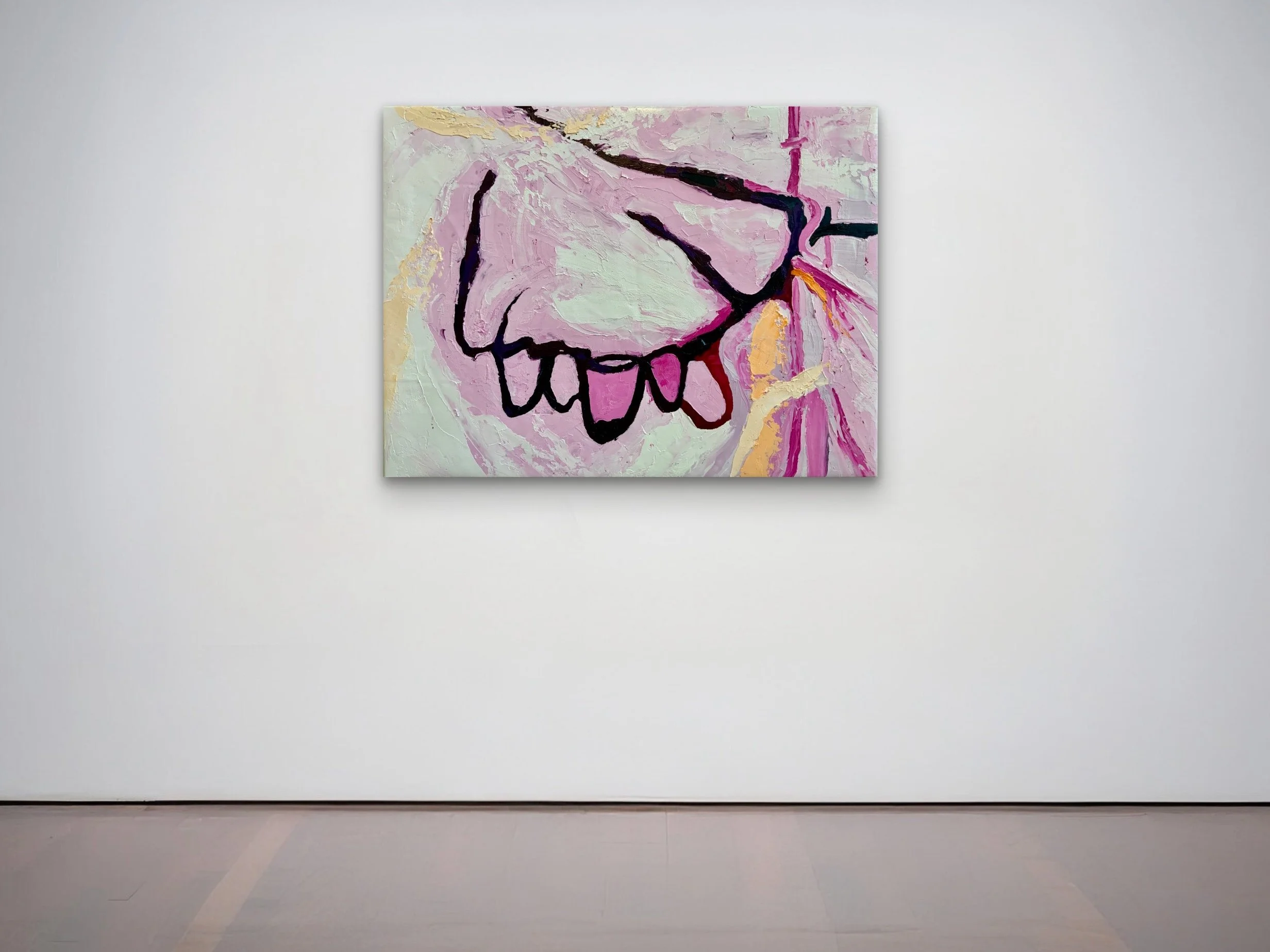 Abstract painting with pink, black, and cream colors, depicting a stylized face with a large nose and lips, displayed on a white gallery wall.