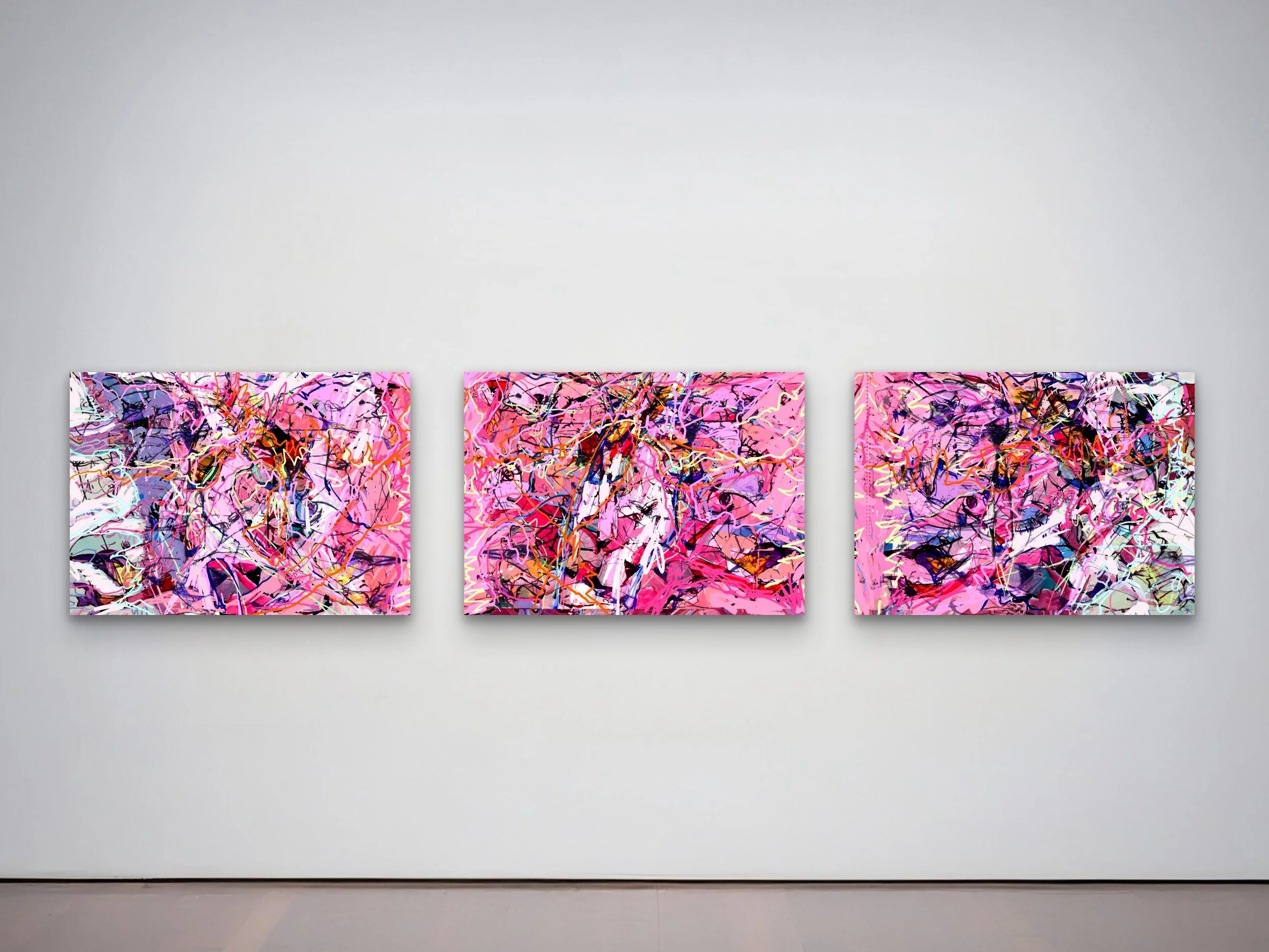 Triptych of colorful abstract paintings with pink, purple, white, red, and black paint splatters and strokes on white gallery wall.