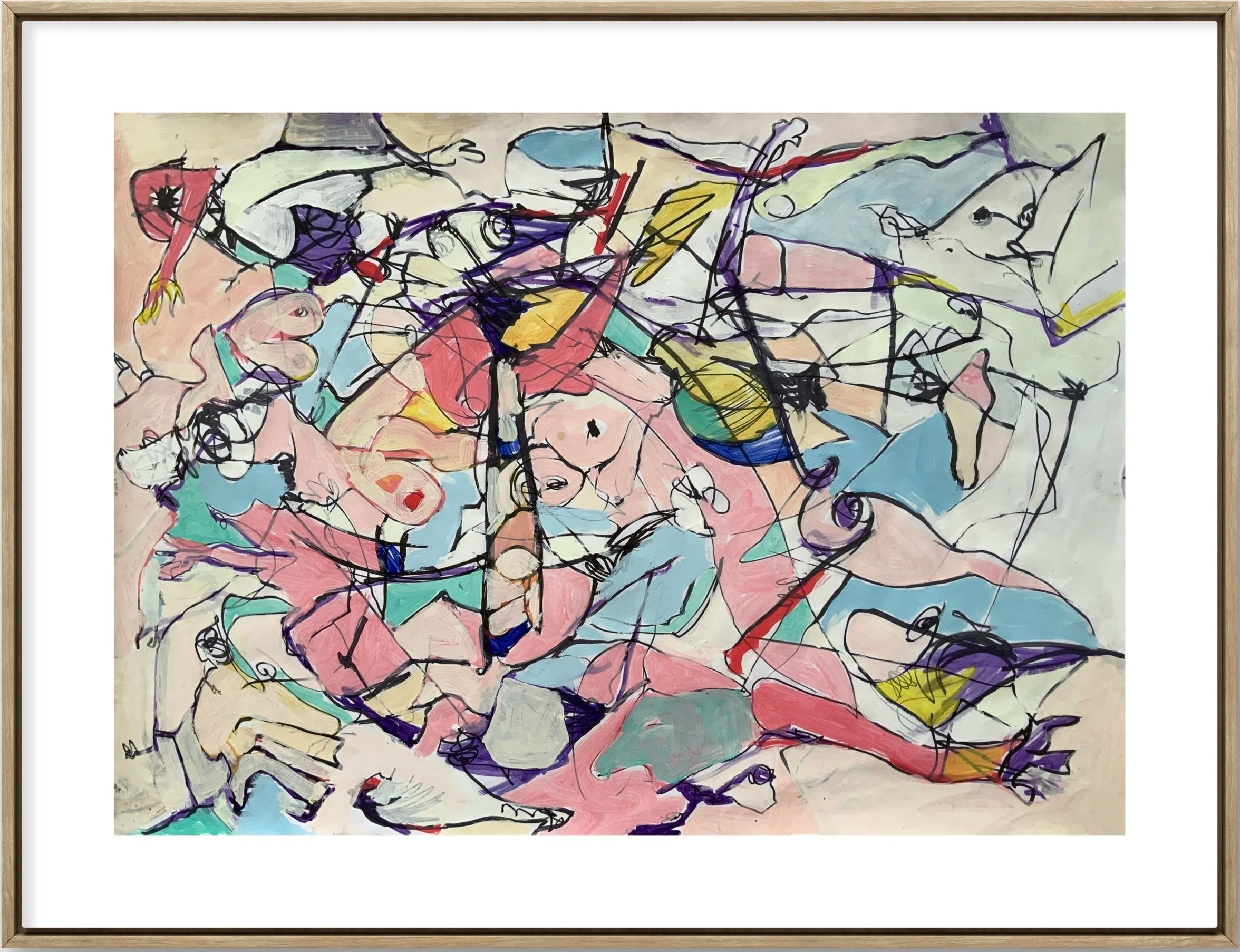 An abstract watercolor painting with a chaotic mix of colorful shapes and black ink lines, including pink, blue, yellow, purple, and red hues on paper framed in wood.