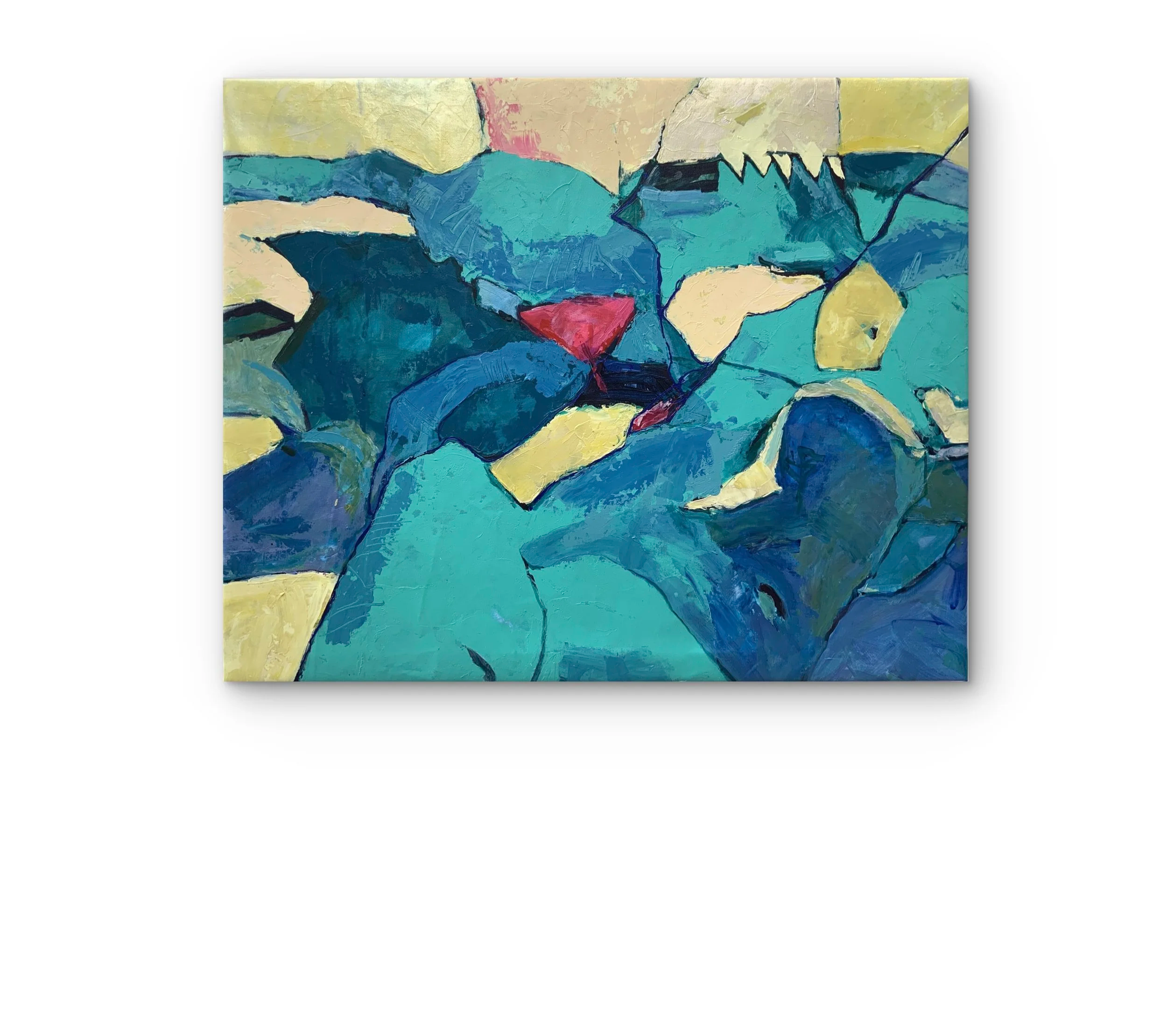 Abstract painting with various shades of blue, teal, and green with some yellow and a touch of red, depicting a stylized, layered composition of leaves.