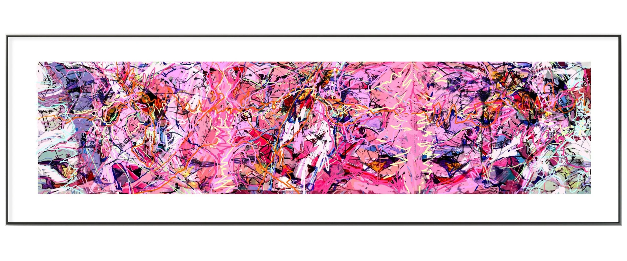 Abstract modern artwork with vibrant pink, purple, red, orange, green, and black squiggles and lines in a horizontal frame.