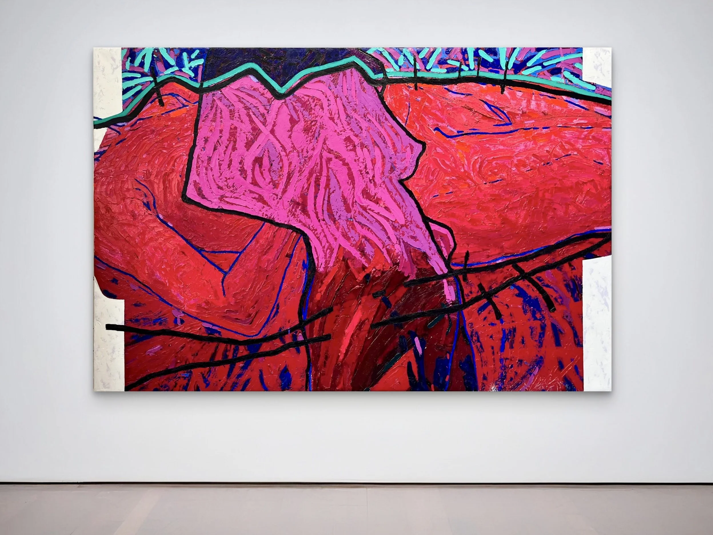 Abstract painting featuring vibrant pink and red shapes outlined with thick black lines, with accents of blue and green, on a white background.