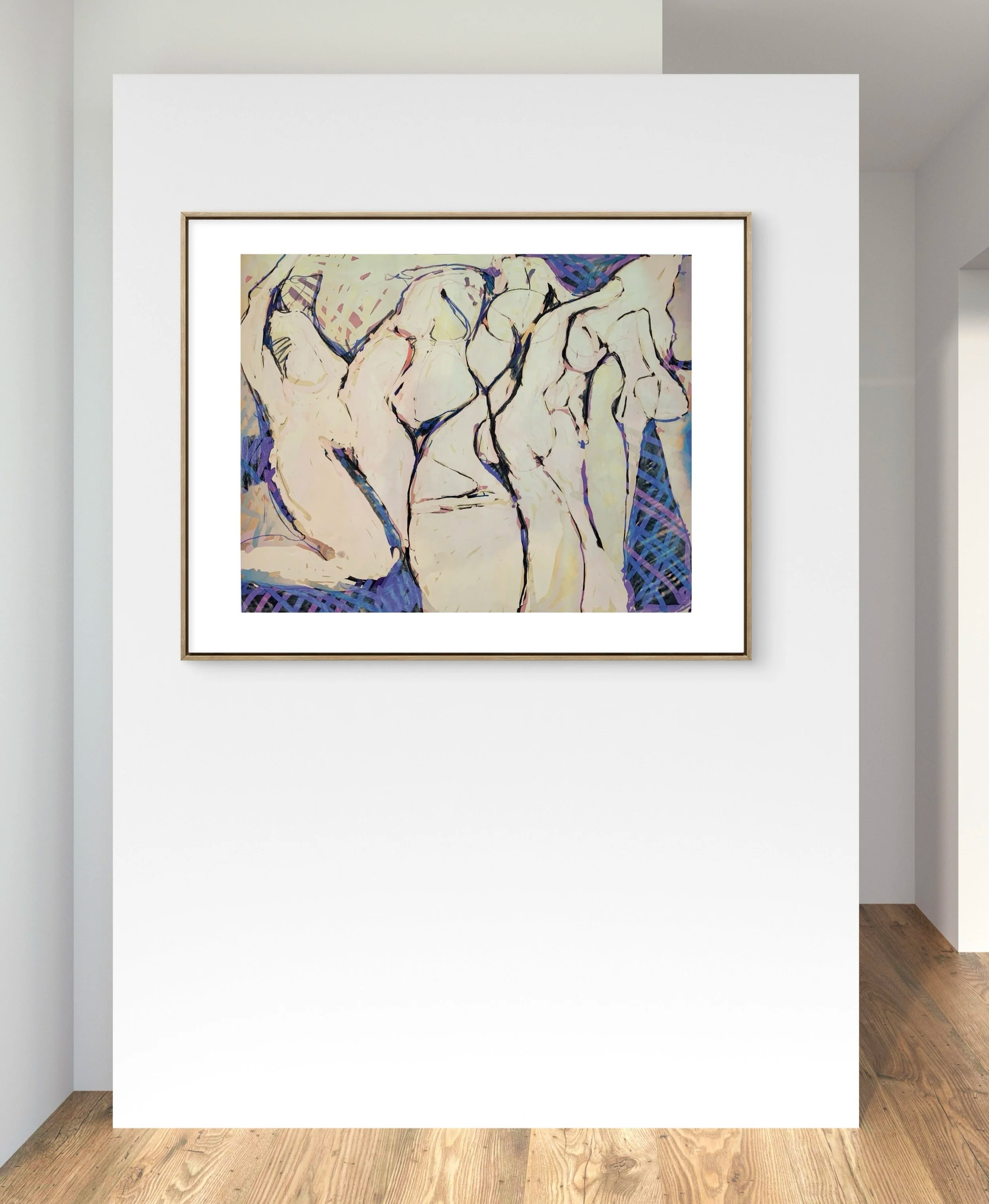 An abstract painting of intertwined nude figures on display in a gallery setting, with a white mat and gold frame.