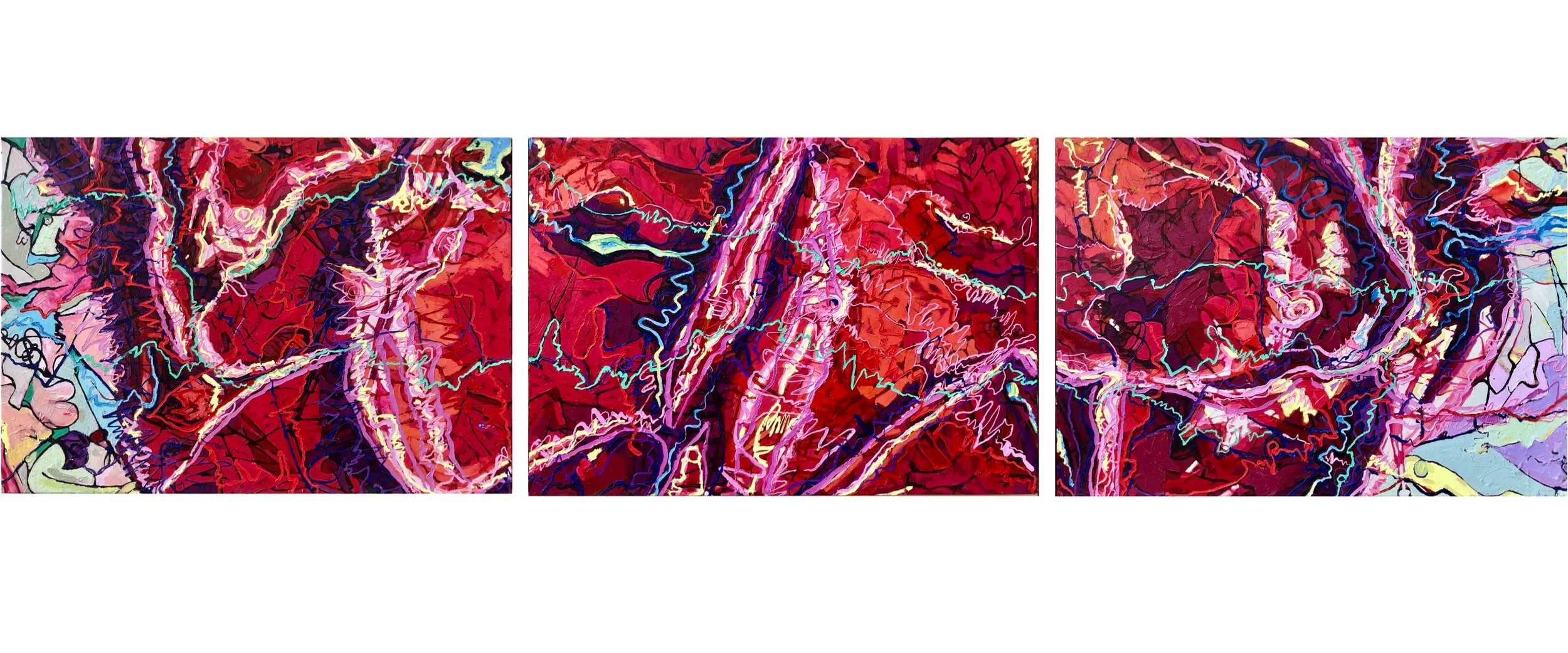 Triptych of abstract, colorful artwork with red, blue, pink, and yellow swirling patterns and lines.