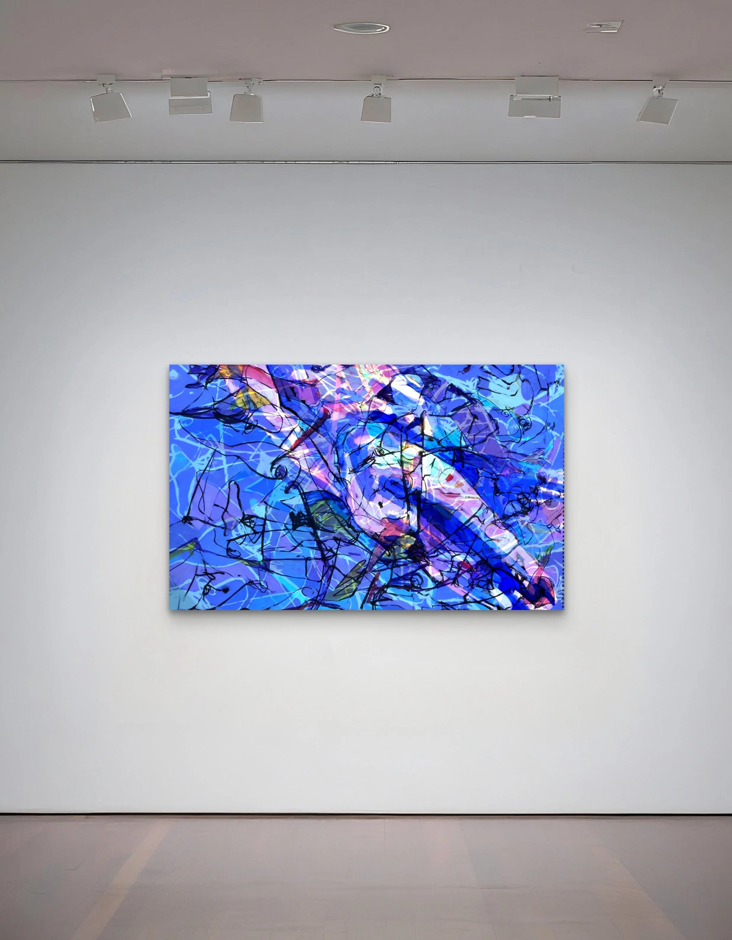 Abstract blue and purple painting with black and pink accents displayed in a gallery.