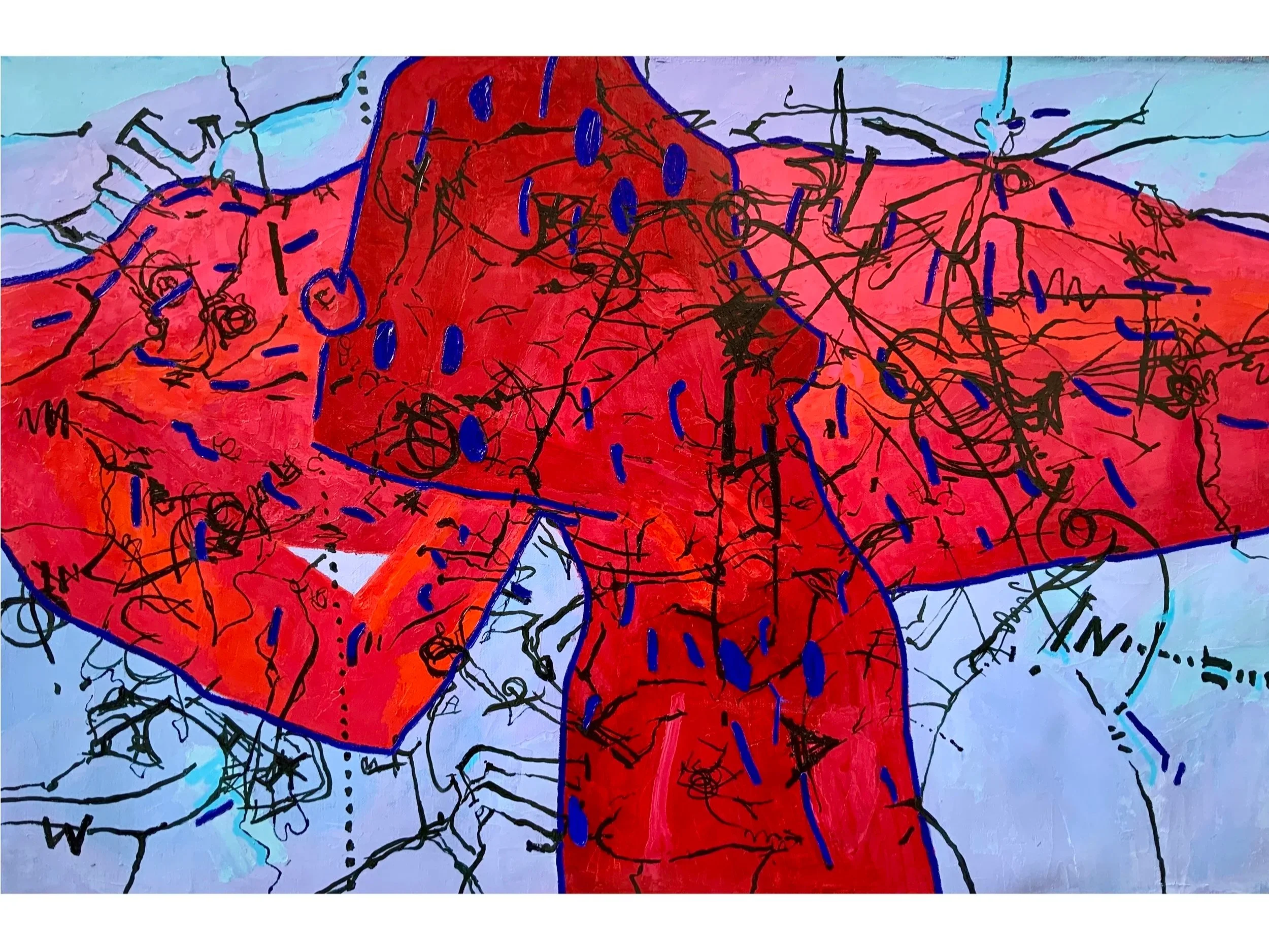 Abstract map with red landmass, black interconnected lines, blue water lines, and purple mountain ranges.