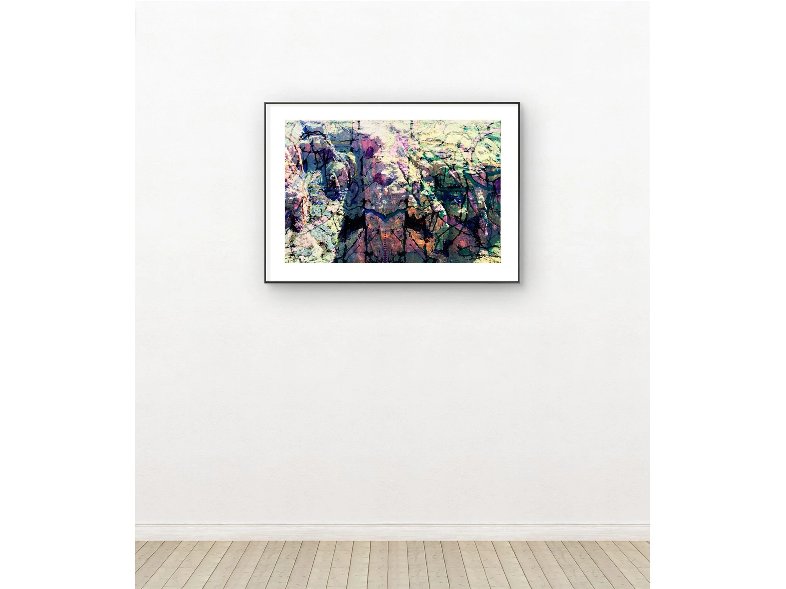 An abstract colorful painting framed and hanging on a white gallery wall.