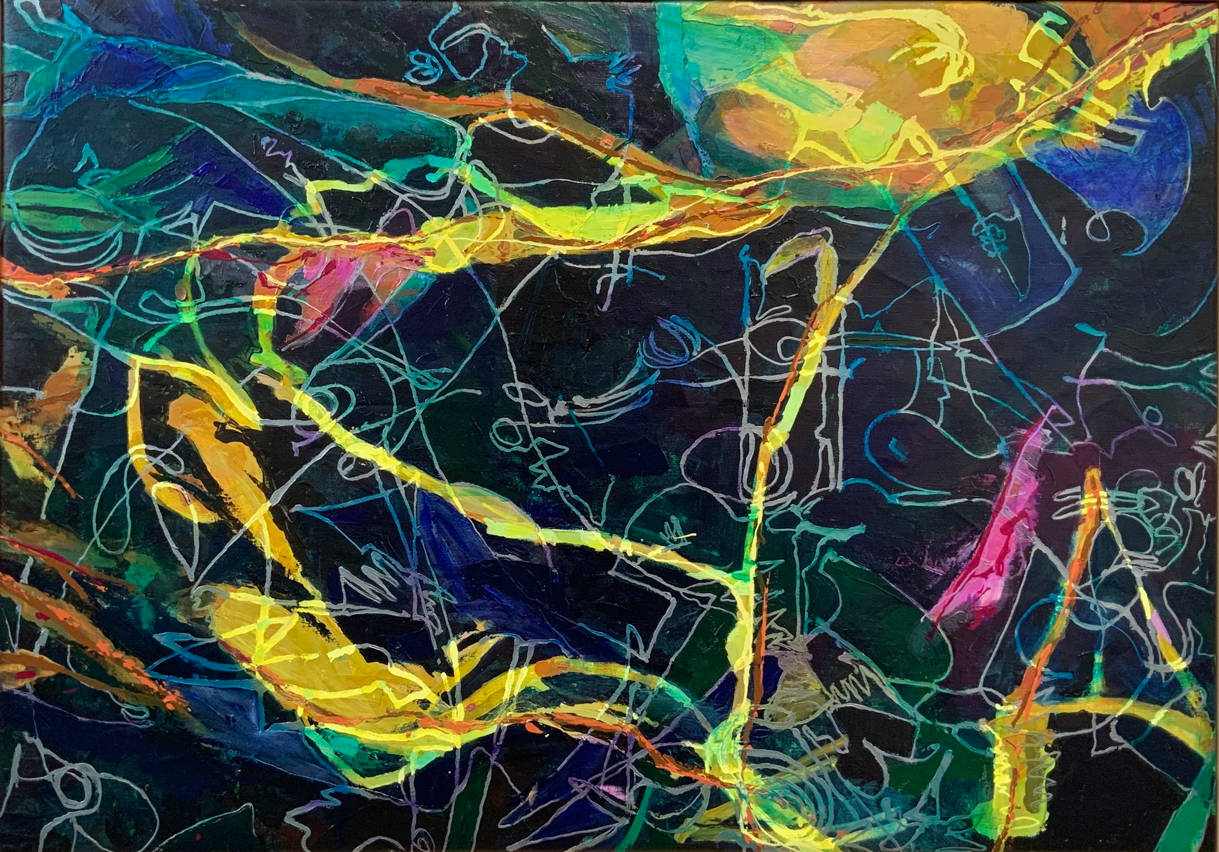 Abstract neon-colored lines and shapes on a dark background, resembling a vibrant, chaotic digital artwork.