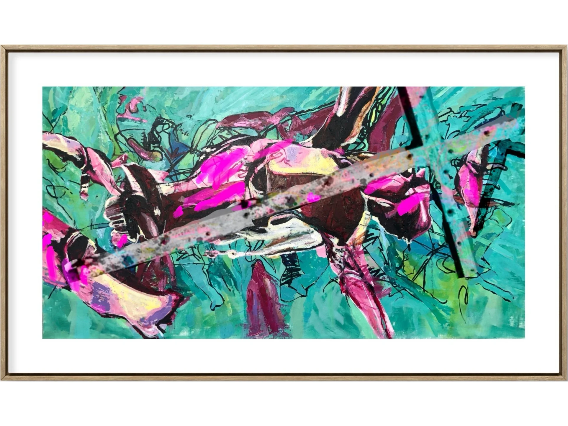 Abstract painting of a crab with pink, black, and white colors, with a splattered presence of paint overlaid.