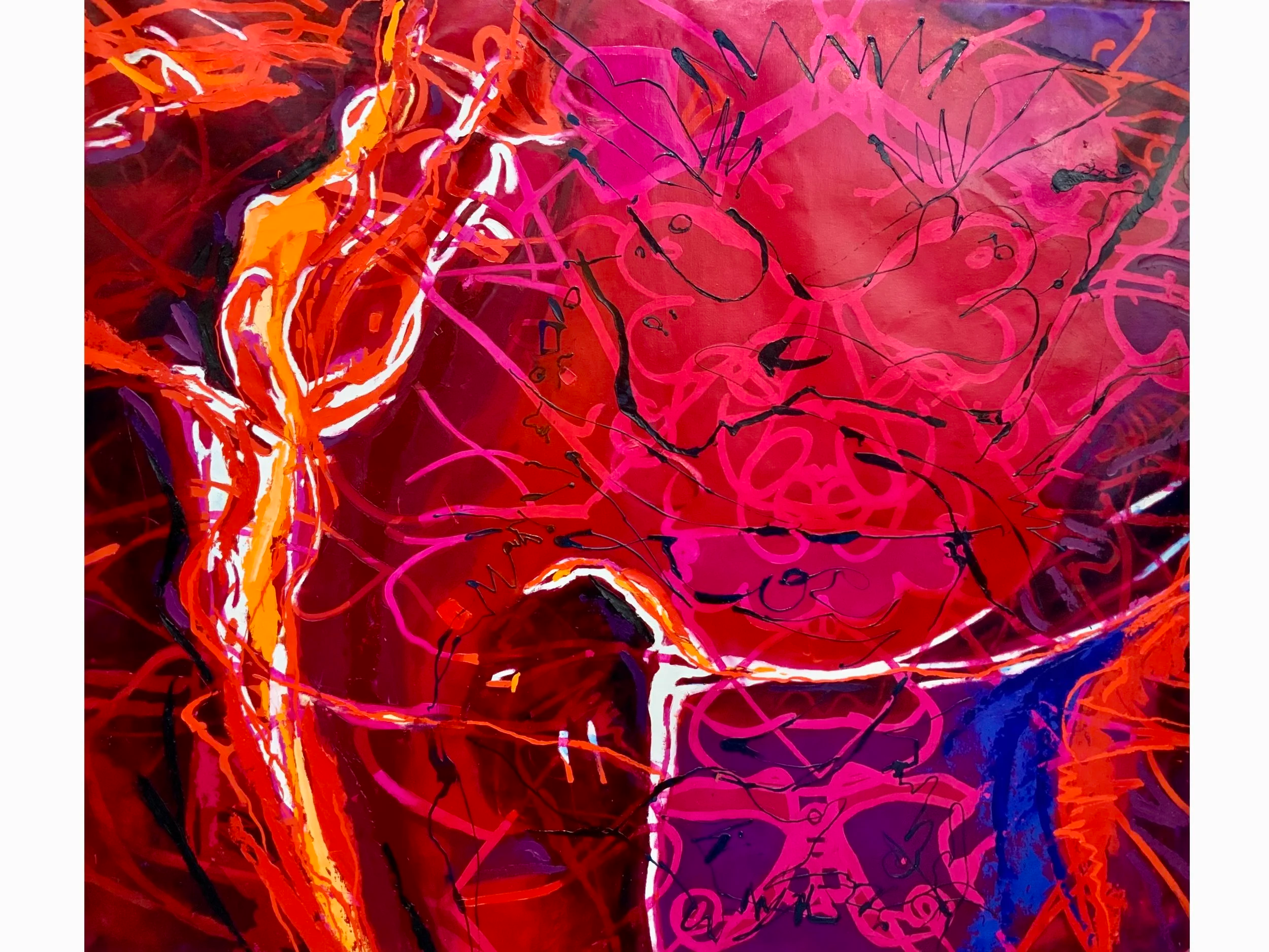 Abstract vibrant painting with swirls and lines in shades of red, pink, orange, purple, and black.
