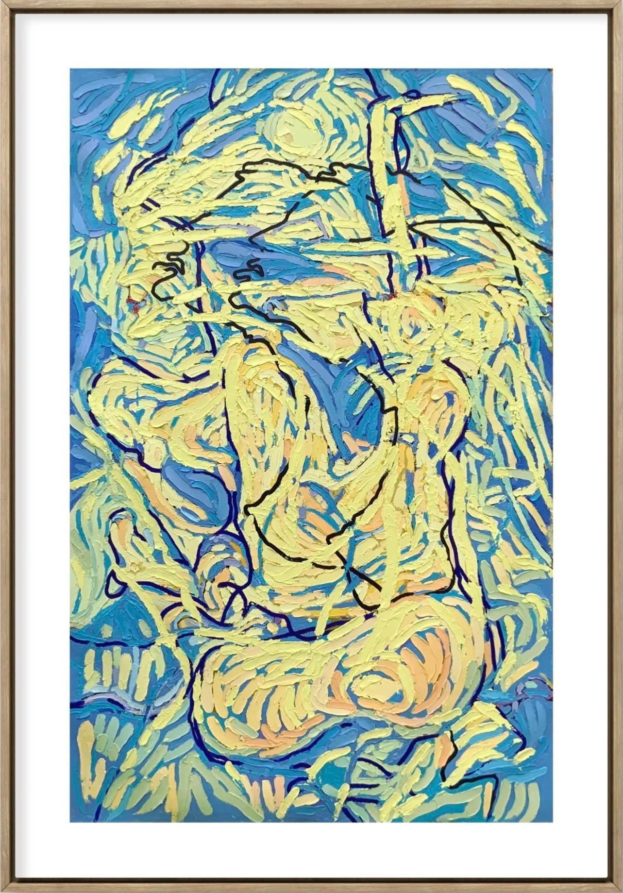 Abstract painting with yellow, blue, and pastel colors, depicting a human figure with black outline.