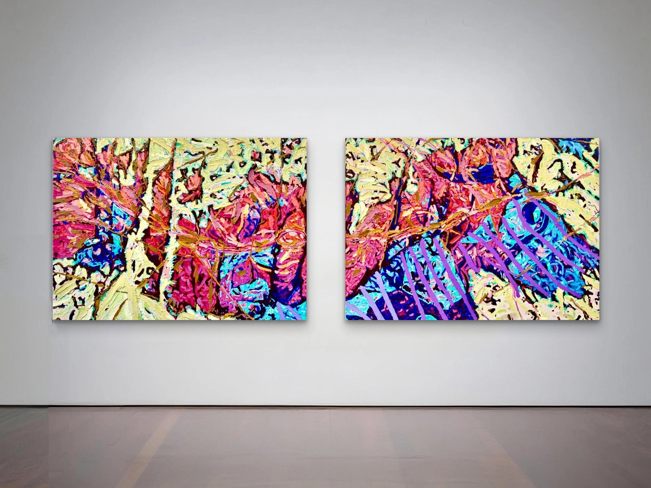 Two vibrant abstract paintings featuring colorful, textured leaves and branches displayed on a white gallery wall.