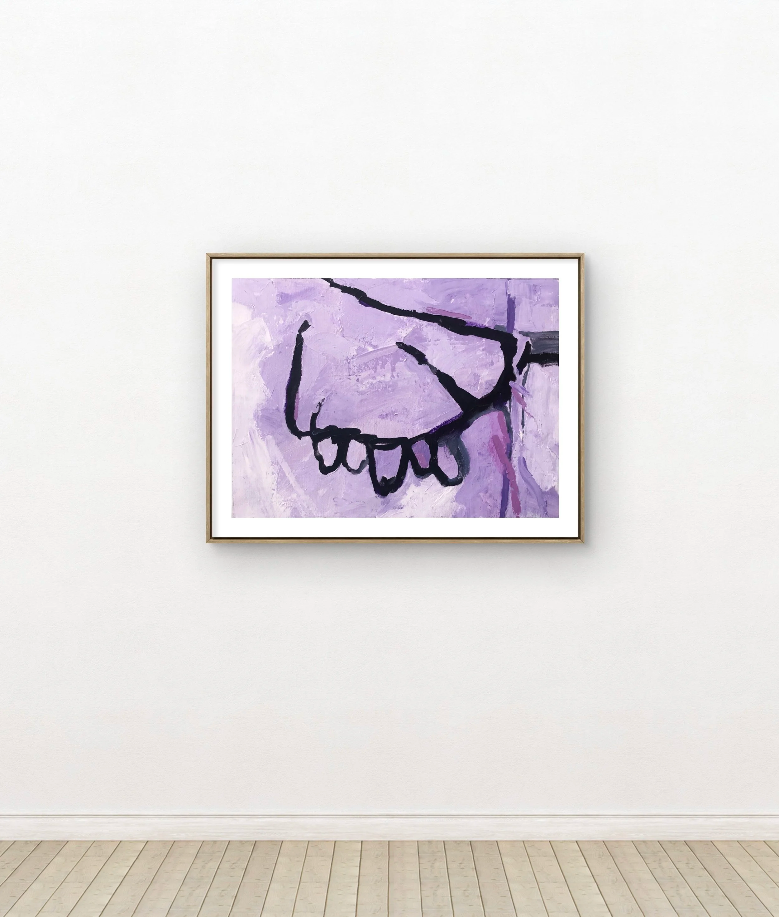 Abstract painting of a nose and mouth in black lines on a purple background, framed and hanging on a white gallery wall.