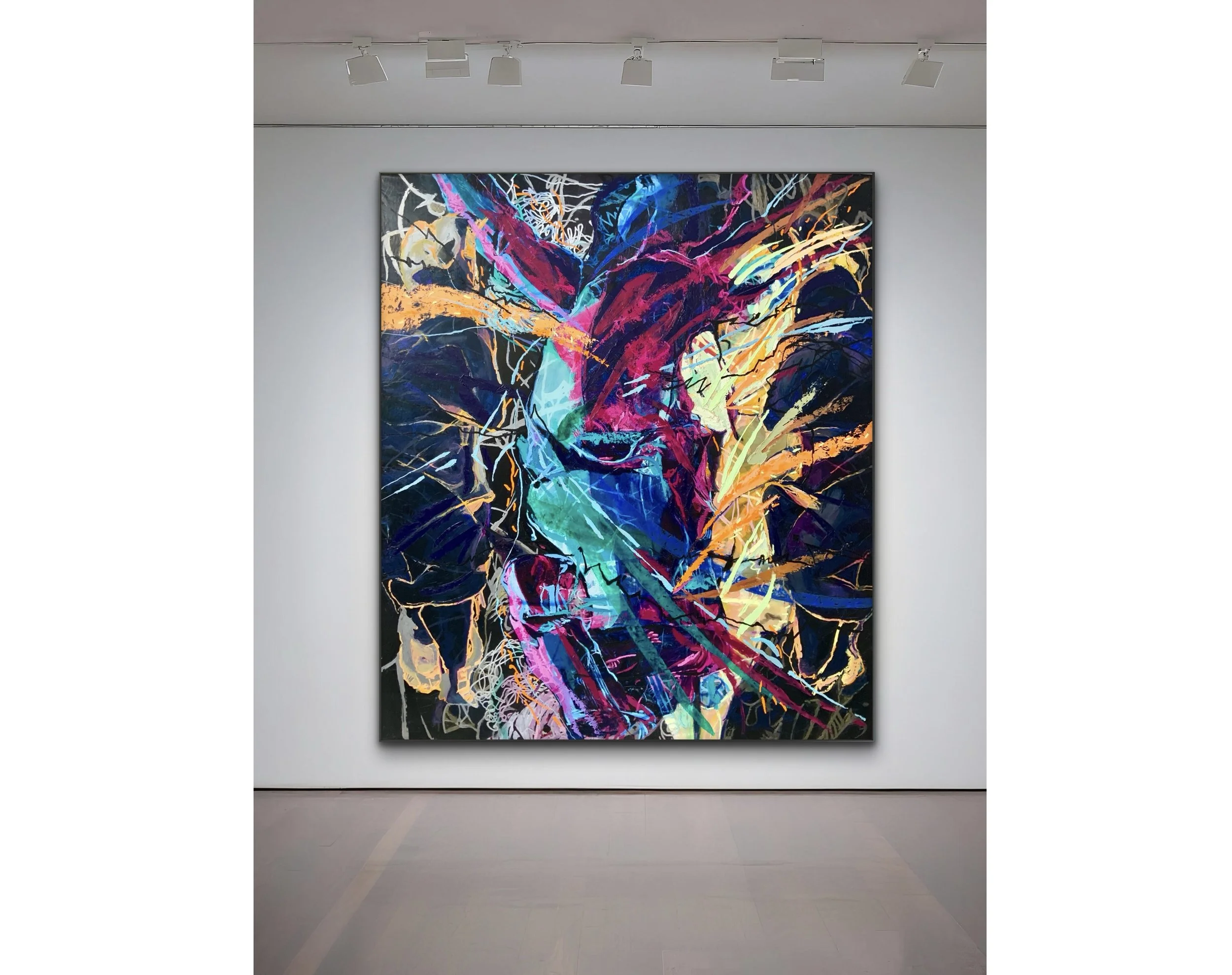 Abstract colorful painting on a gallery wall with vibrant splashes of pink, blue, orange, yellow, and black.