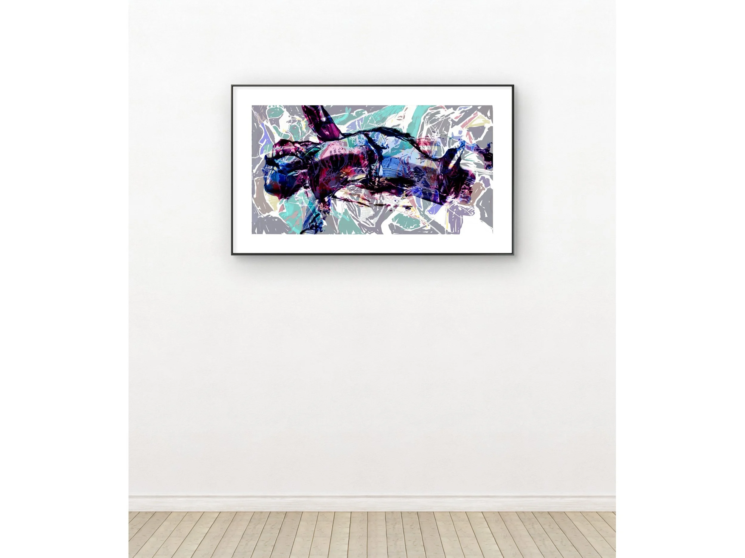 Abstract art painting of a horse with vibrant colors and dynamic background, framed on a white gallery wall.