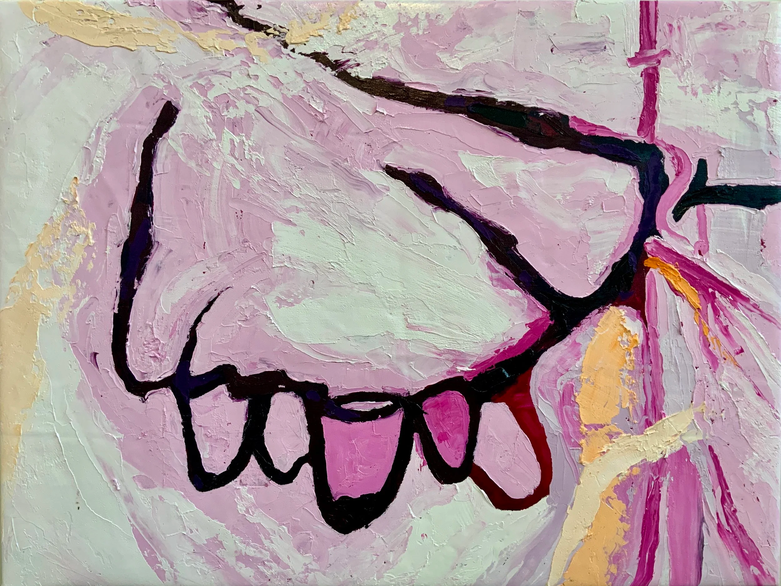 Abstract painting of a flower with pink, purple, yellow, and black brushstrokes.