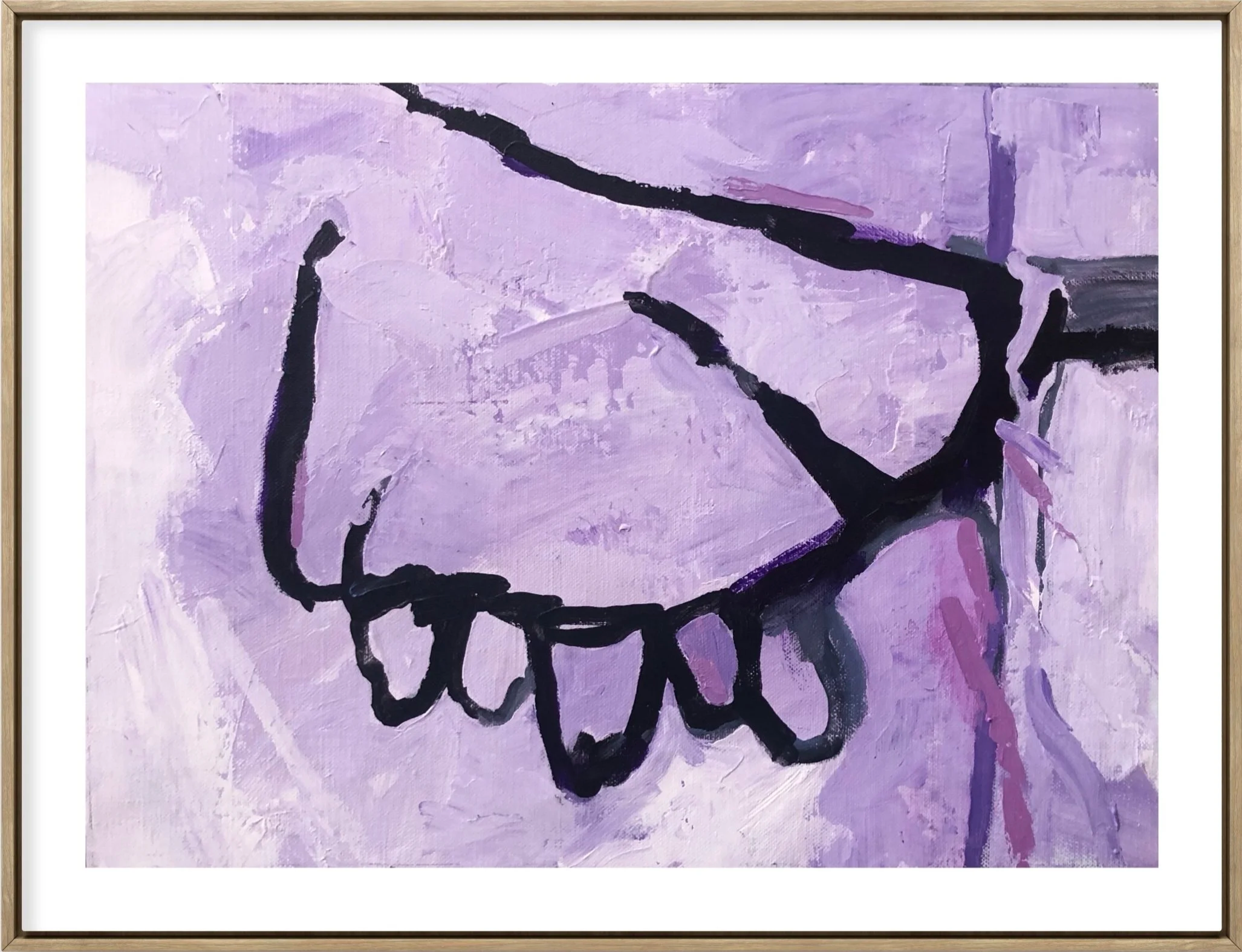 Abstract painting with black, purple, and lavender brushstrokes on a light purple background.
