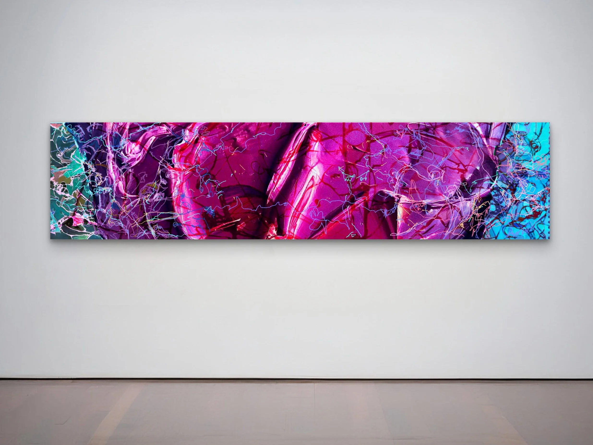 Large colorful abstract digital artwork on a gallery wall, featuring vibrant pink, purple, blue, and green hues with intricate line details.