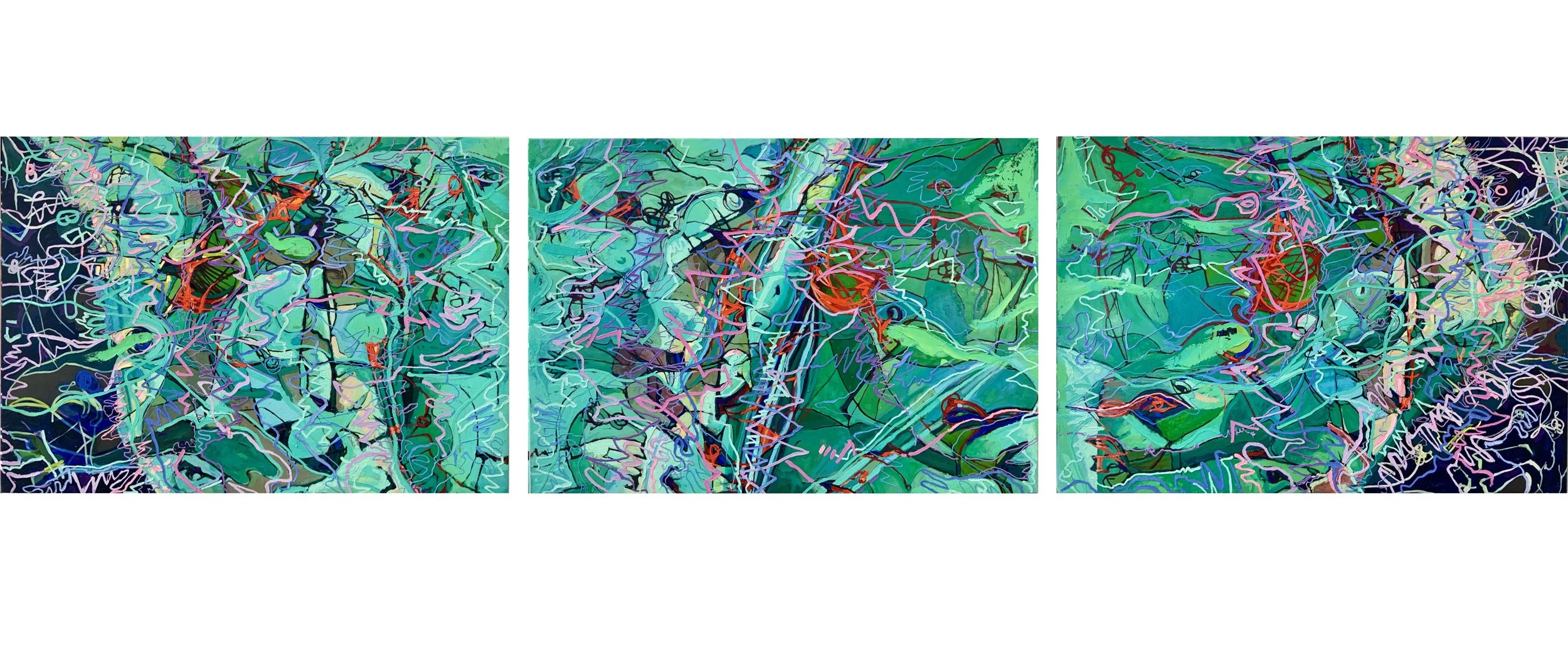 A Thousand Thoughts - Green ( triptych), 2024, oil/linen, 3 x 174cm (w) x 122 cm / 3 x 68” ( w ) x 48”