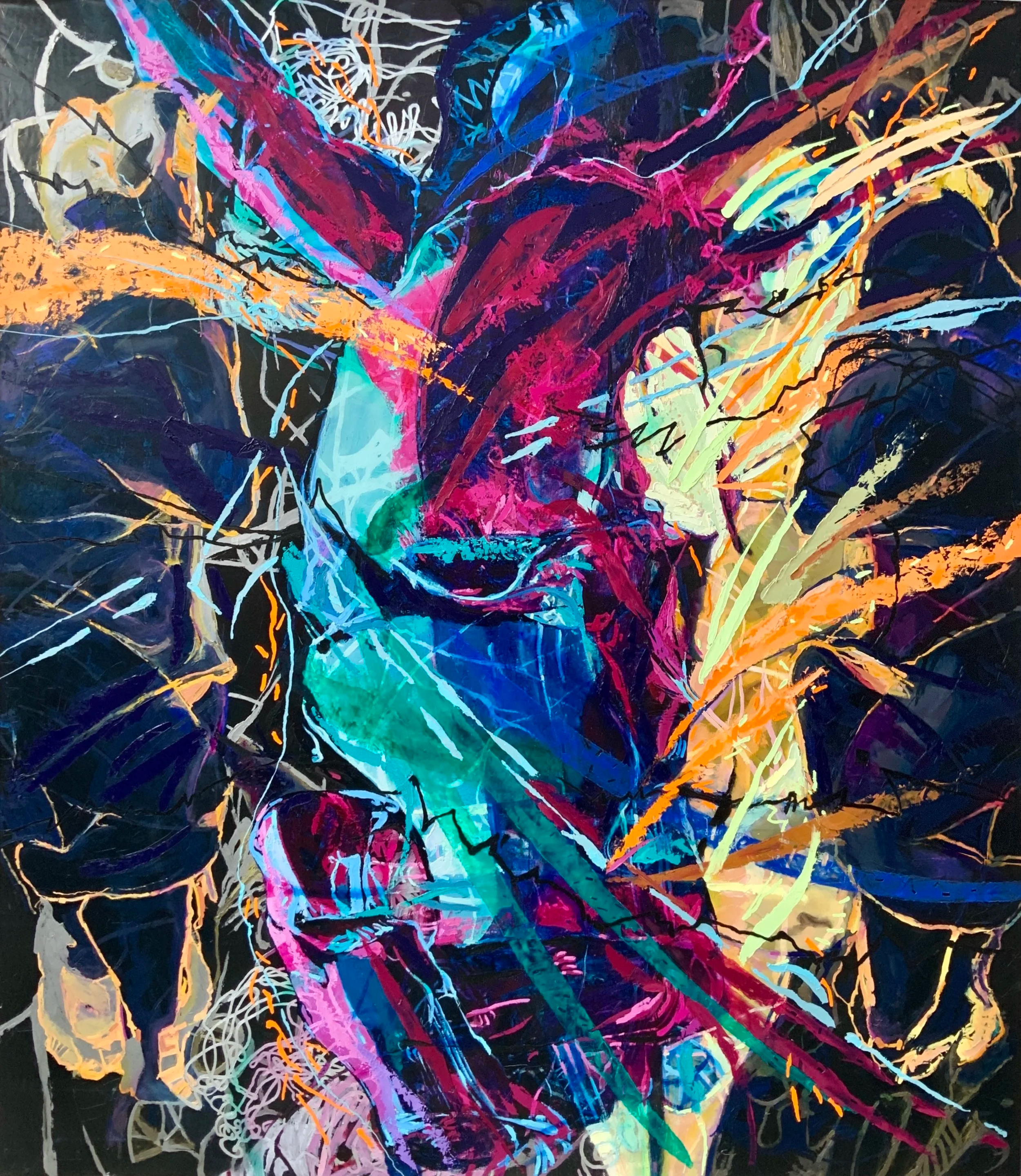 An abstract colorful artwork with vivid splashes of pink, blue, orange, green, and yellow, creating a chaotic and dynamic composition.