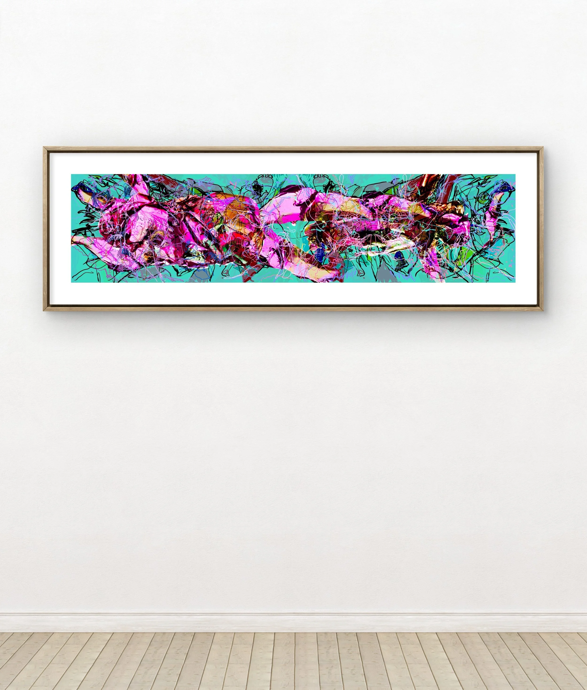 Abstract colorful artwork with shades of pink, purple, and blue, framed on a white wall.