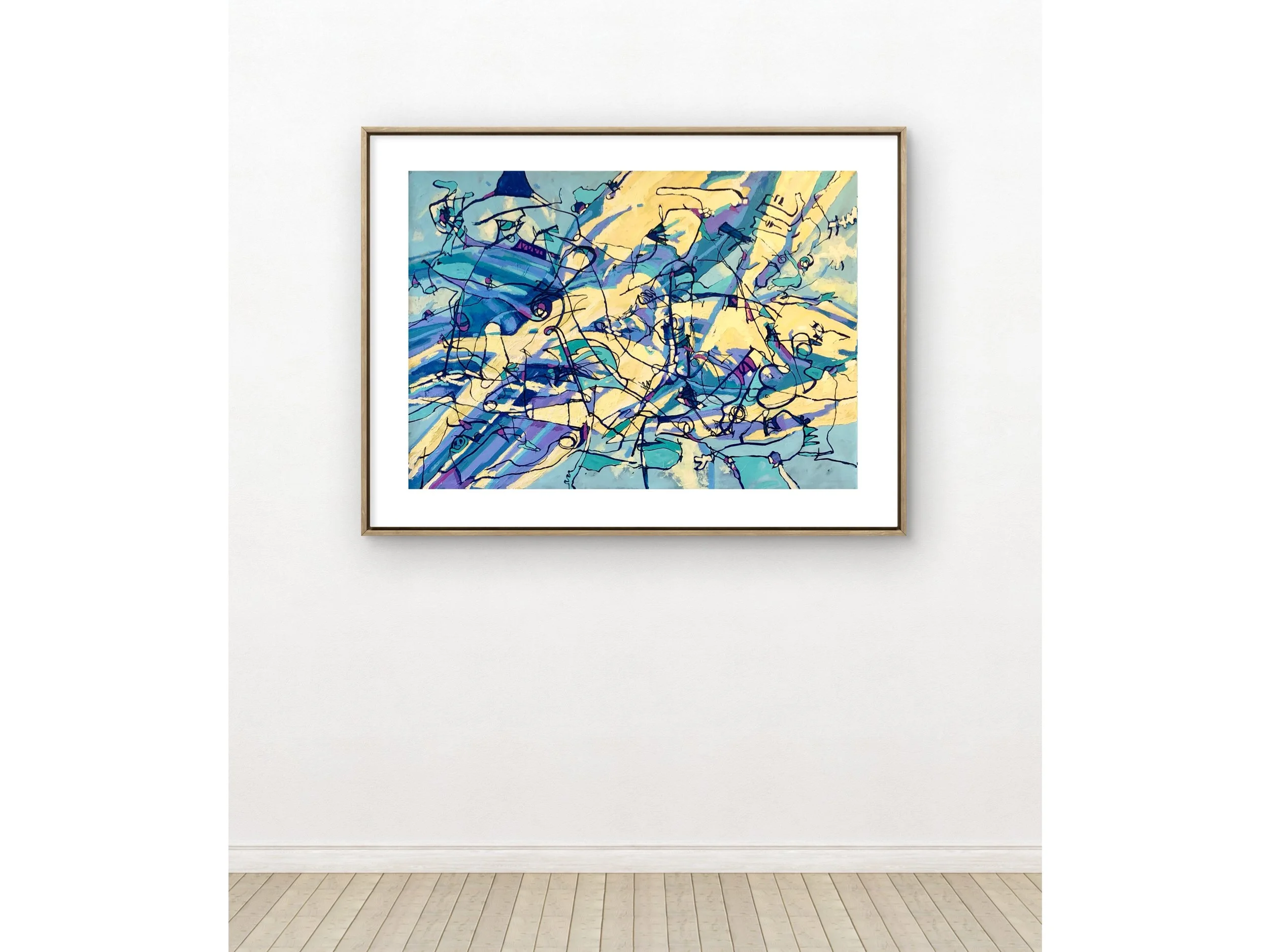 Abstract colorful painting with blue, yellow, and purple hues displayed on a white gallery wall.