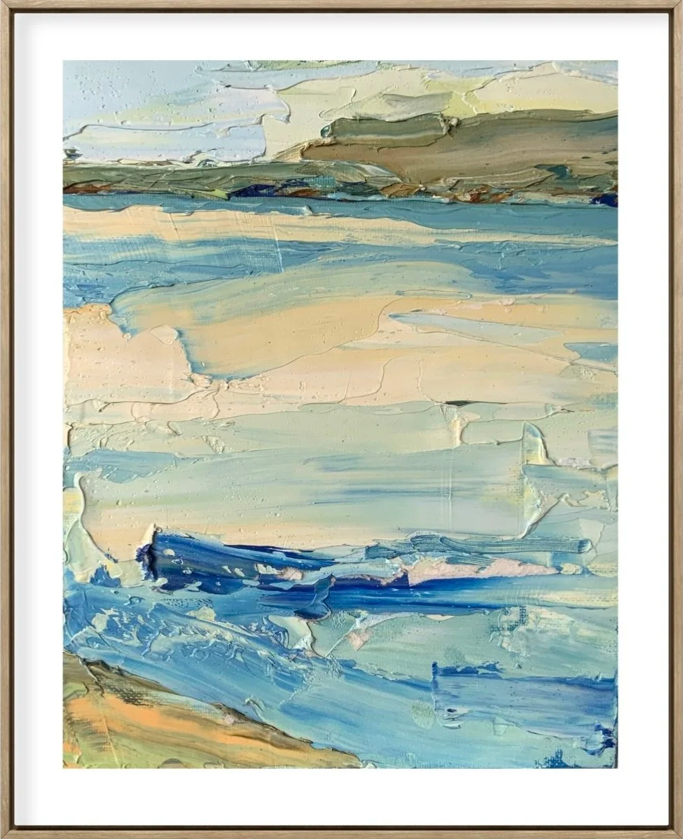 Abstract landscape painting with thick textured brushstrokes in shades of blue, beige, green, and gray, resembling a seascape with sky and land.
