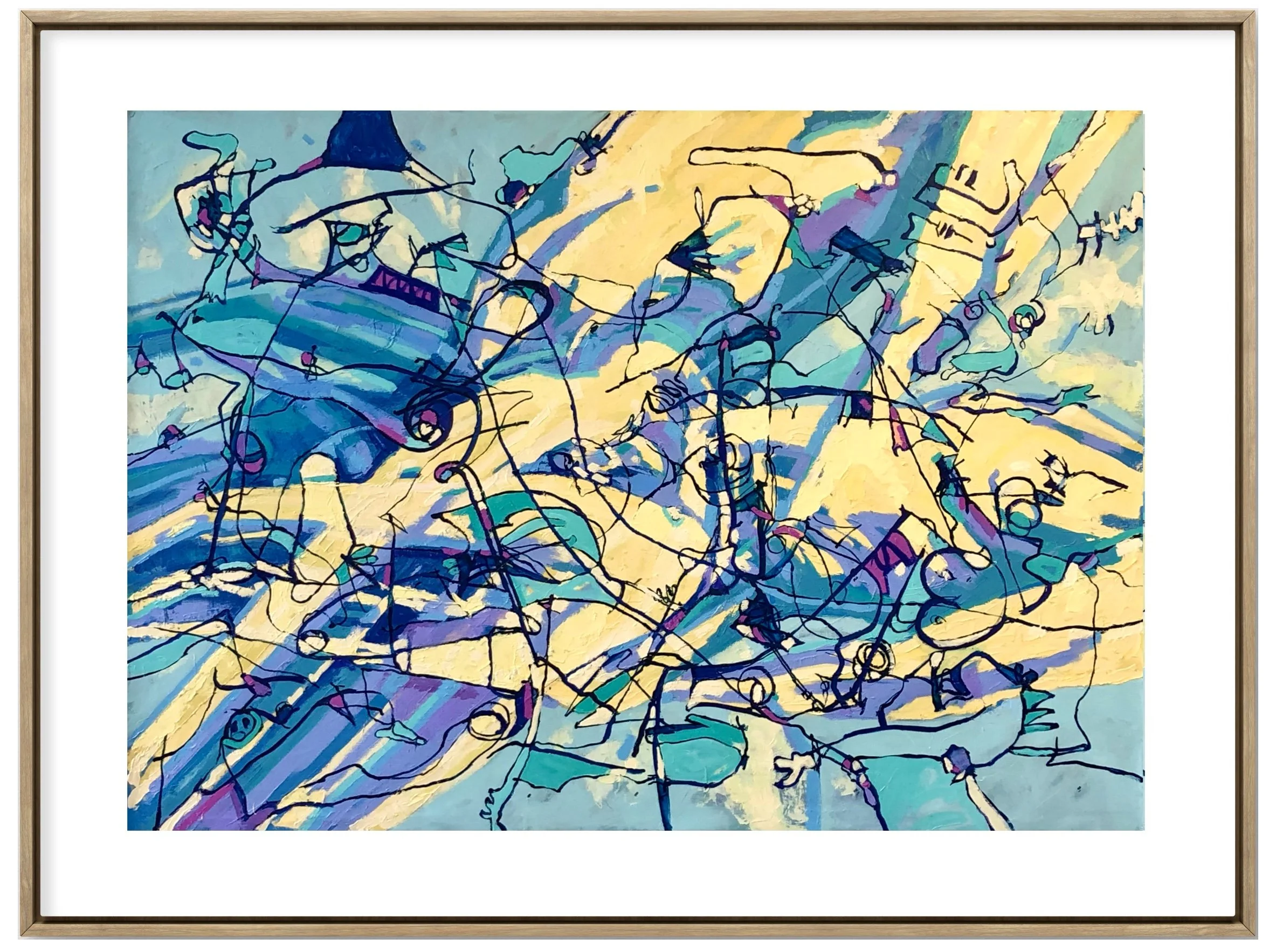 Abstract painting with a chaotic mix of blue, yellow, purple, and black lines and shapes.