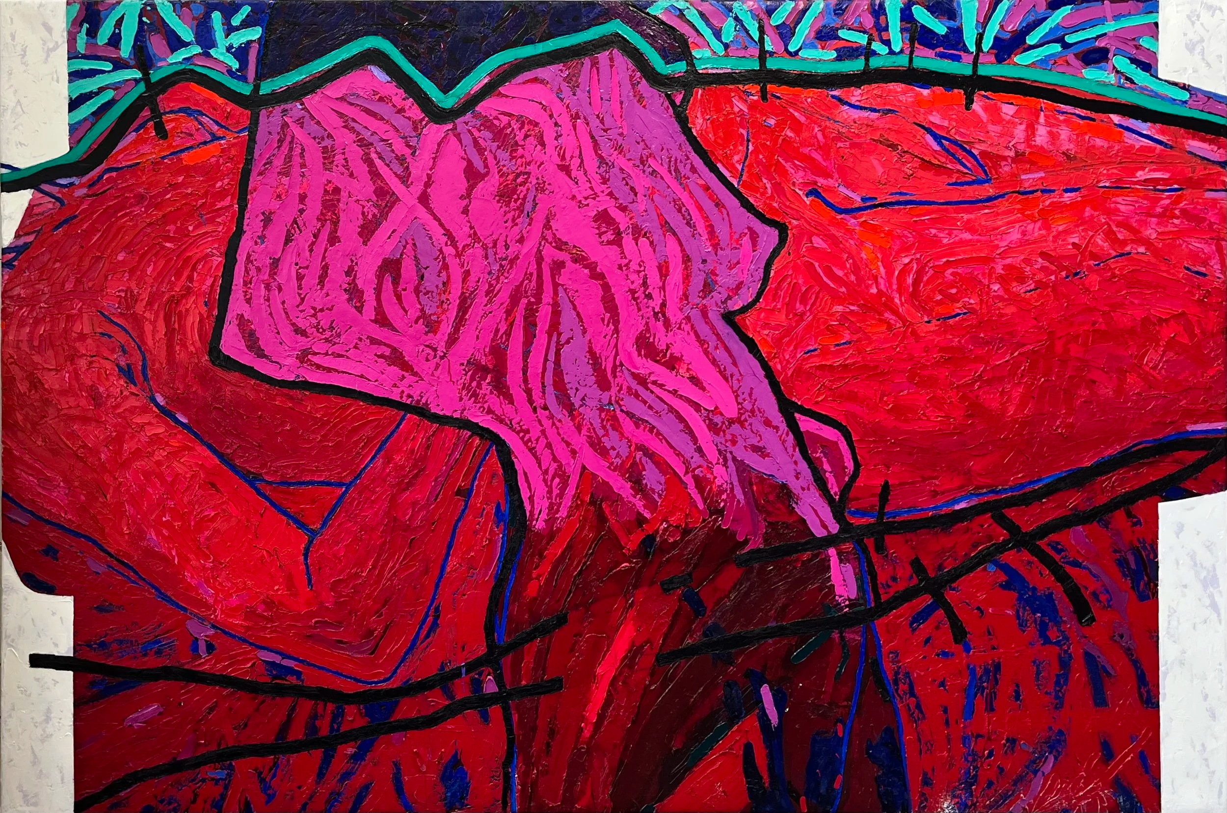 Abstract painting featuring bold red and pink shapes with black and blue lines, and hints of purple and turquoise in the background.