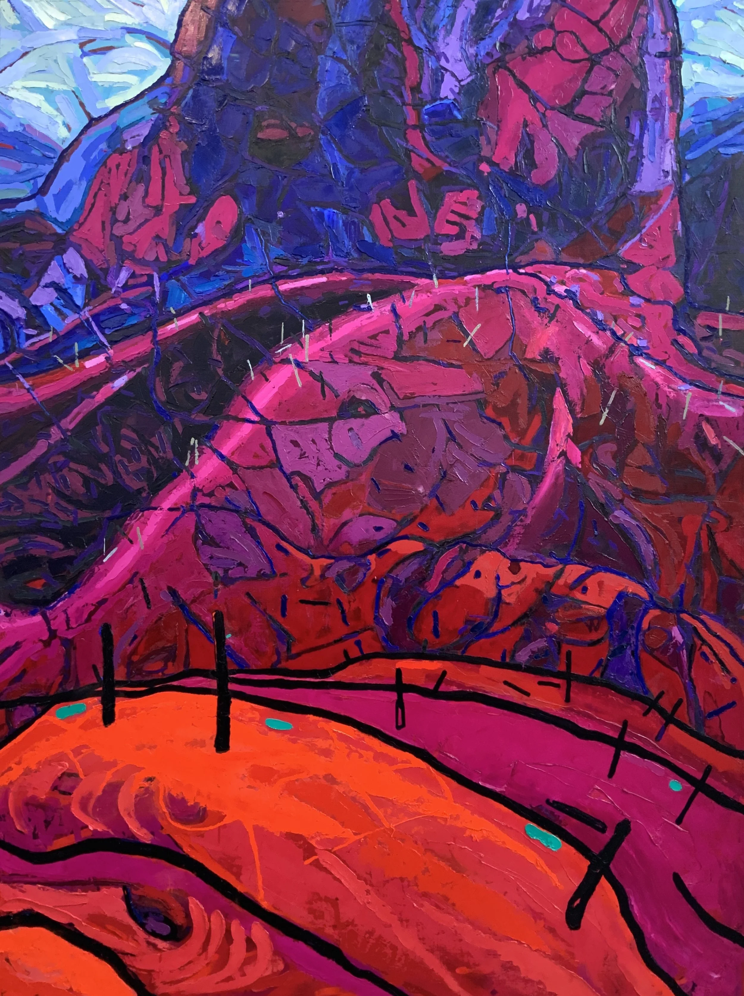 Abstract painting depicting a vibrant landscape with bright reds, pinks, and blues, featuring a winding road or path and stylized trees and rocks.