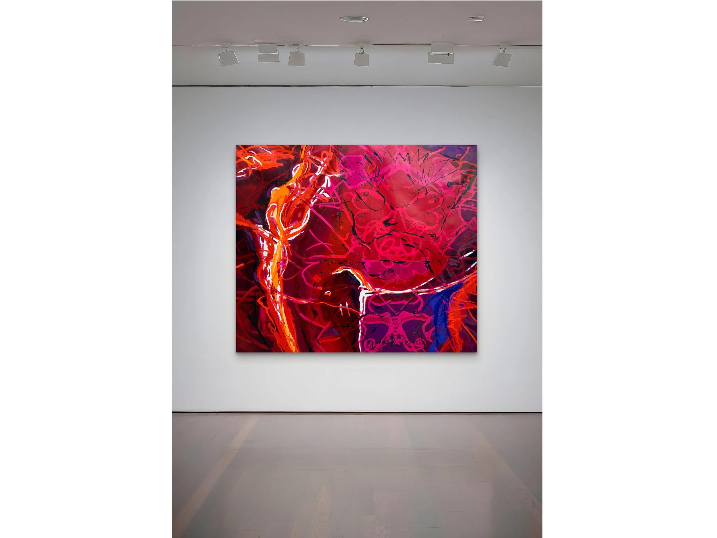 Abstract colorful painting with reds, pinks, oranges, and blues on a white gallery wall.