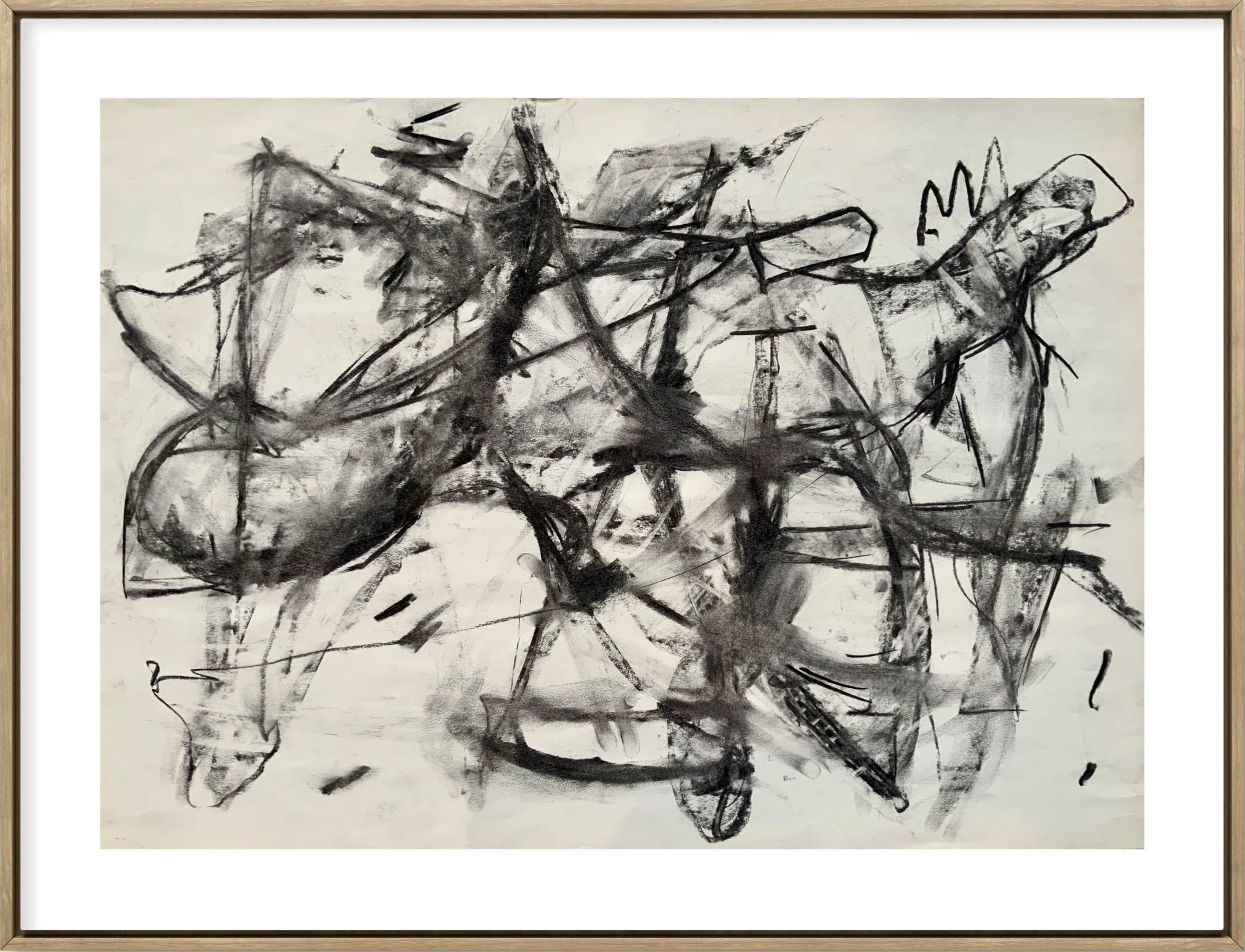 Abstract black and white drawing with chaotic lines and shapes.